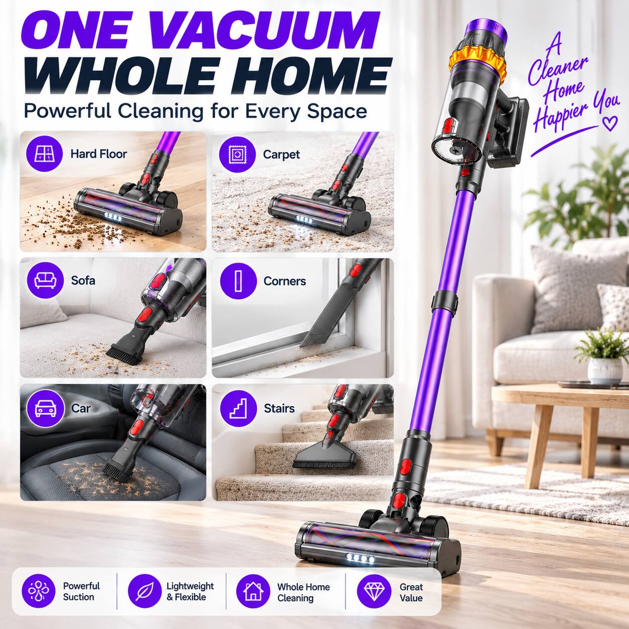 ONE VACUUM WHOLE HOME  
Powerful Cleaning for Every Space  
Hard Floor  
Carpet  
Sofa  
Corners  
Car  
Stairs  
Powerful Suction  
Lightweight & Flexible  
Whole Home Cleaning  
Great Value  
A Cleaner Home Happier You