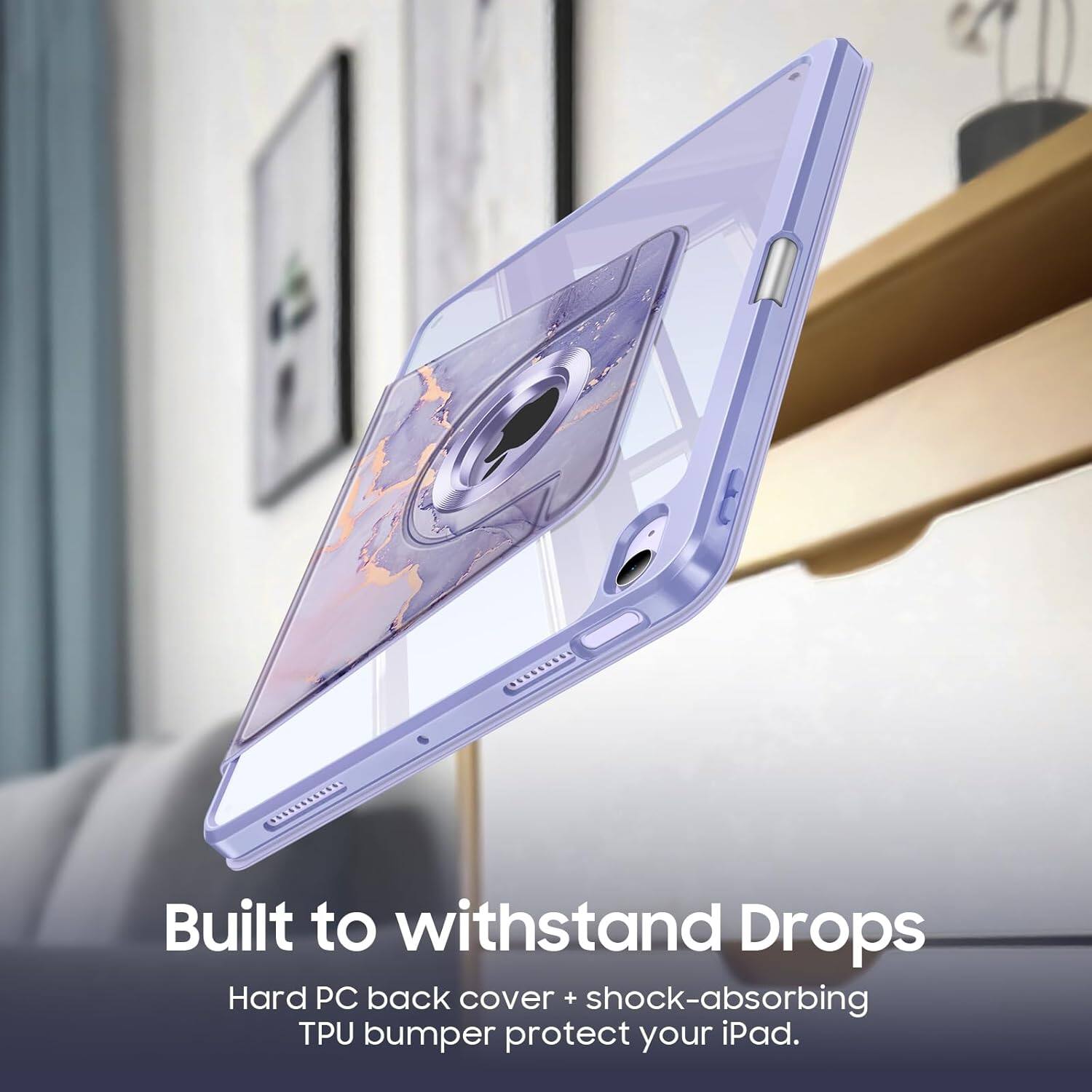 Built to withstand Drops  
Hard PC back cover + shock-absorbing TPU bumper protect your iPad.