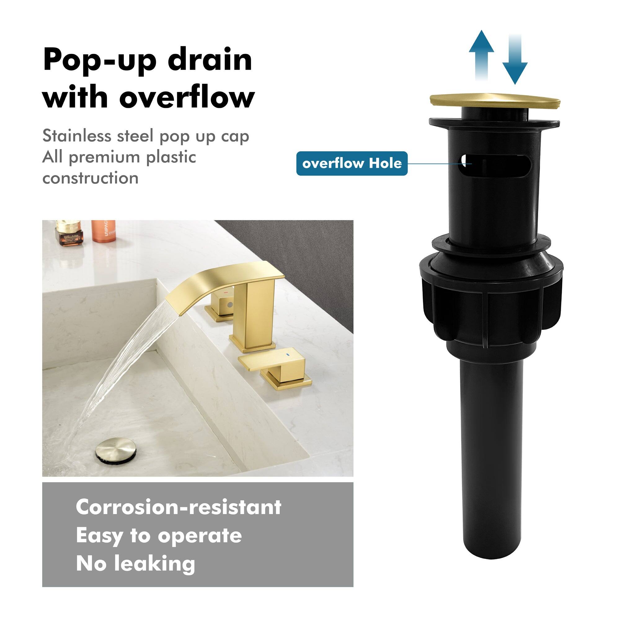 Pop-up drain with overflow

Stainless steel pop up cap  
All premium plastic construction

Corrosion-resistant  
Easy to operate  
No leaking