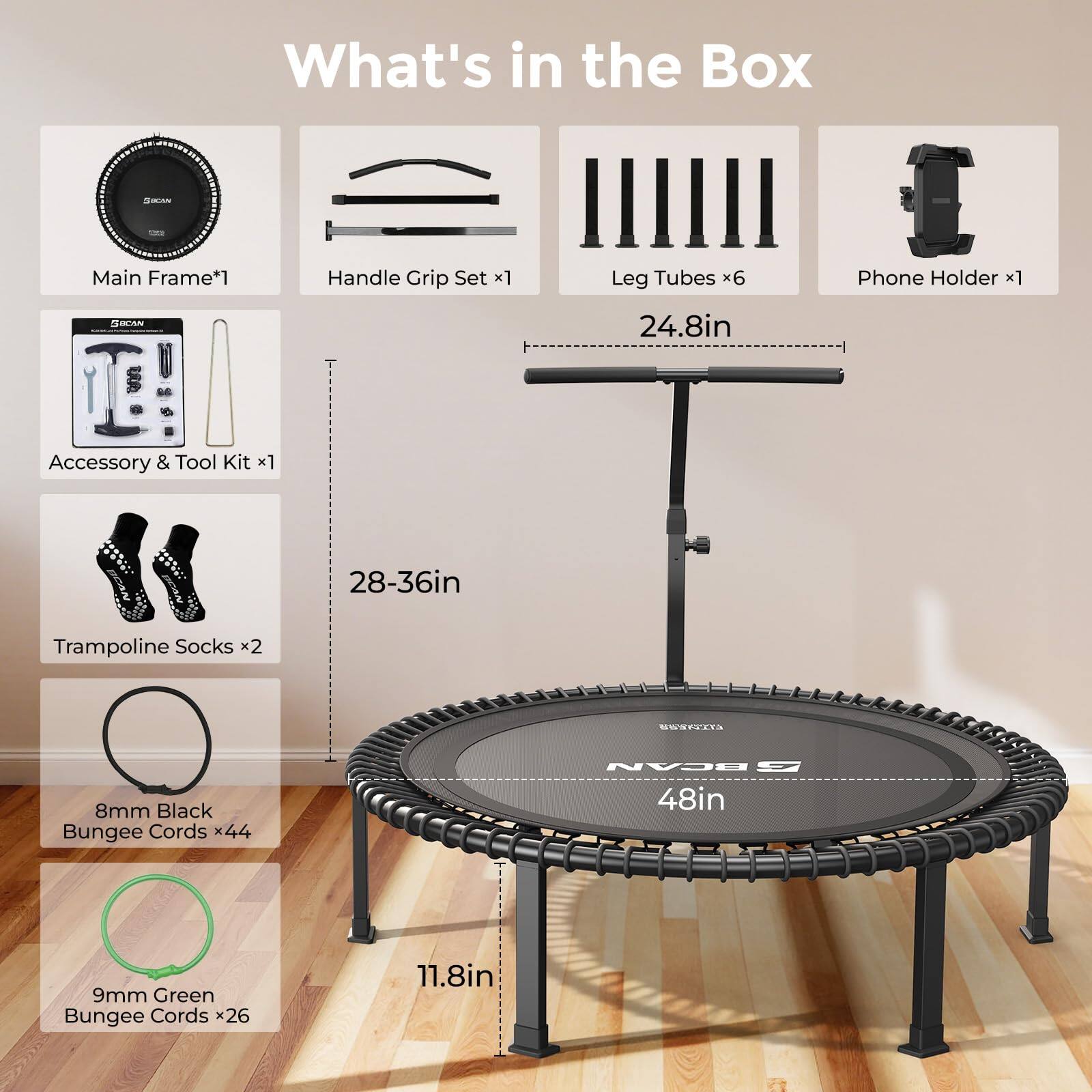 What's in the Box:

- Main Frame*1
- Handle Grip Set x1
- Leg Tubes x6
- Phone Holder x1
- Accessory & Tool Kit x1
- Trampoline Socks x2
- 8mm Black Bungee Cords x44
- 9mm Green Bungee Cords x26

Dimensions:
- 24.8in
- 28-36in
- 48in
- 11.8in