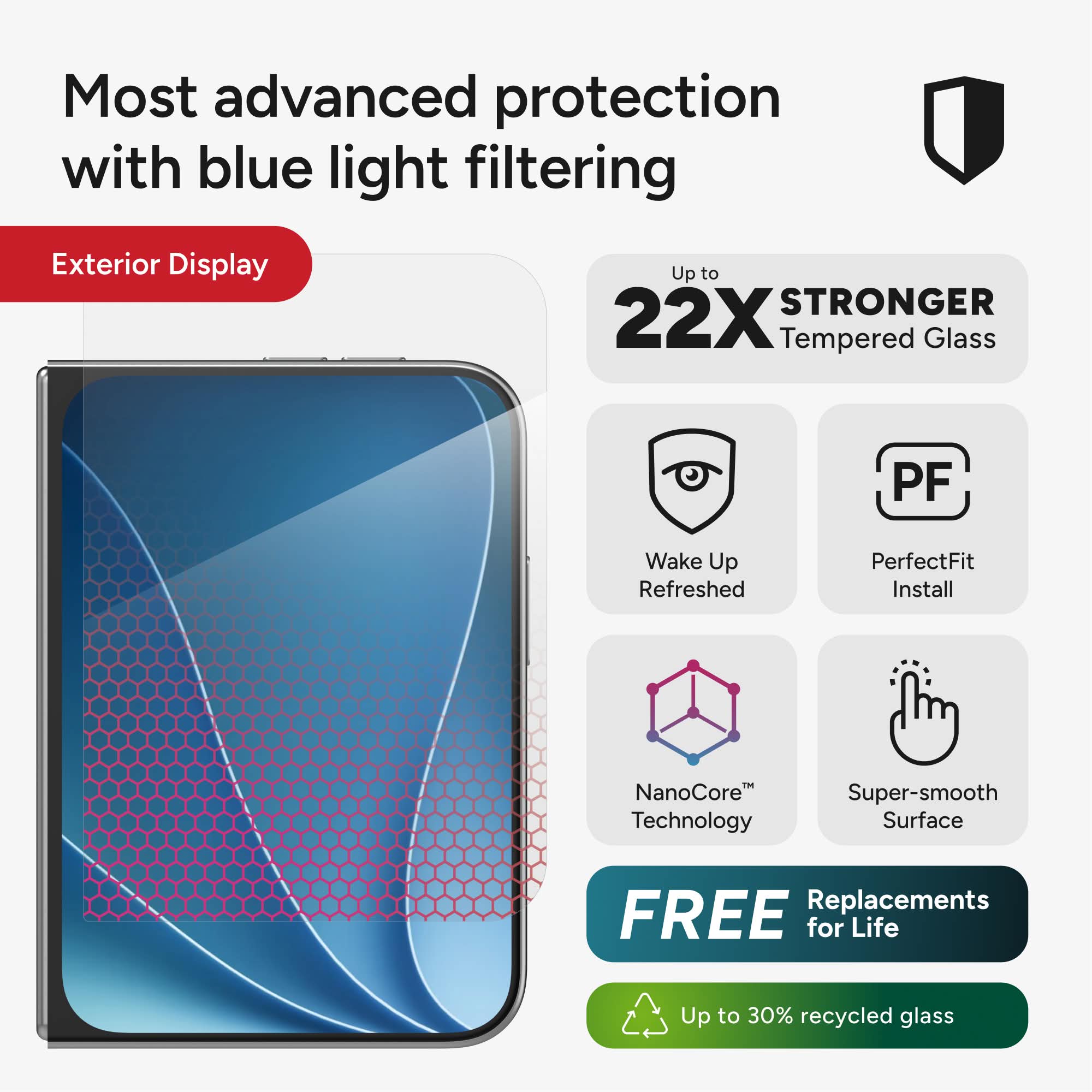 Most advanced protection with blue light filtering

Exterior Display

Up to 22X STRONGER Tempered Glass

Wake Up Refreshed

PerfectFit Install

NanoCore Technology

Super-smooth Surface

FREE Replacements for Life

Up to 30% recycled glass