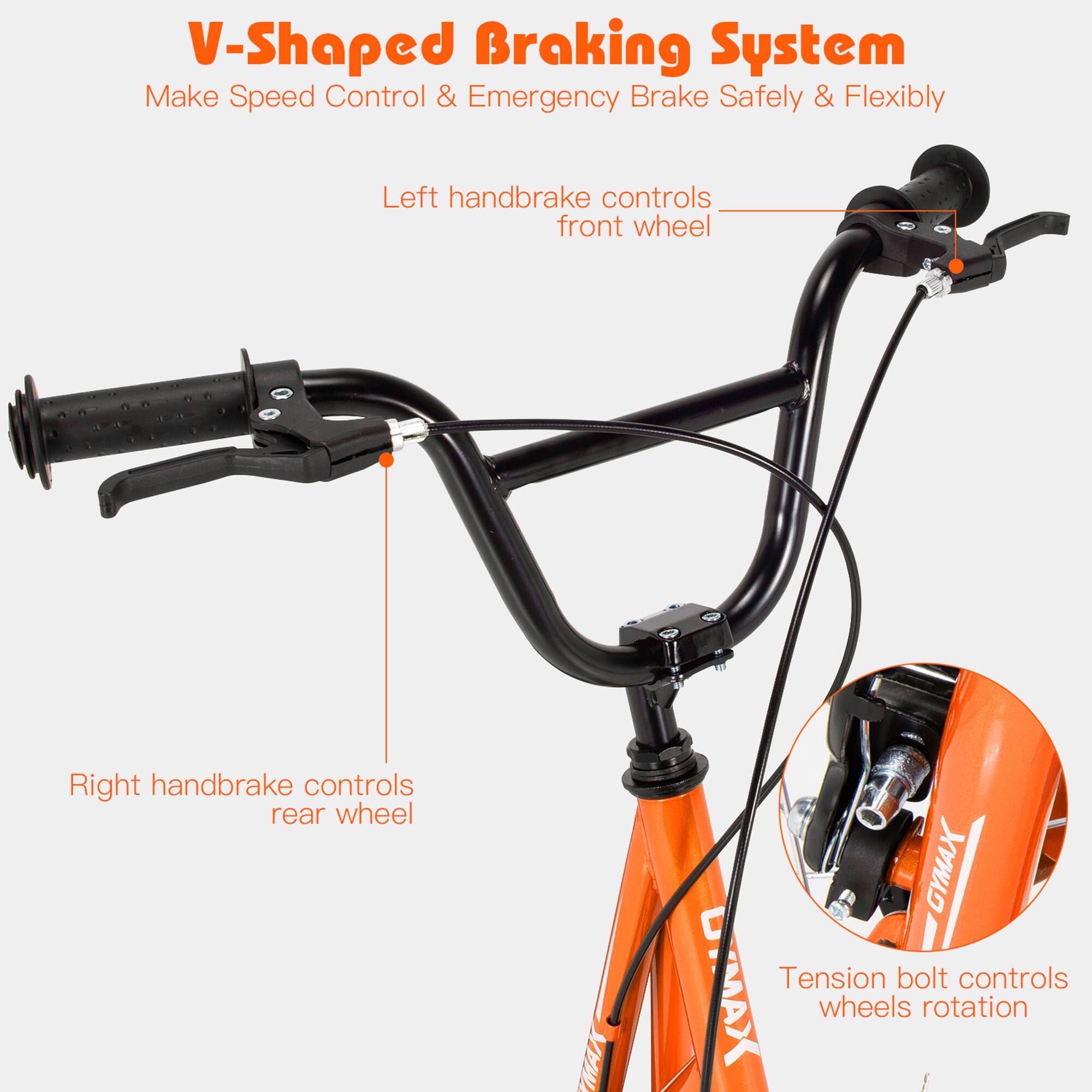 V-Shaped Braking System  
Make Speed Control & Emergency Brake Safely & Flexibly  

Left handbrake controls front wheel  
Right handbrake controls rear wheel  
Tension bolt controls wheels rotation
