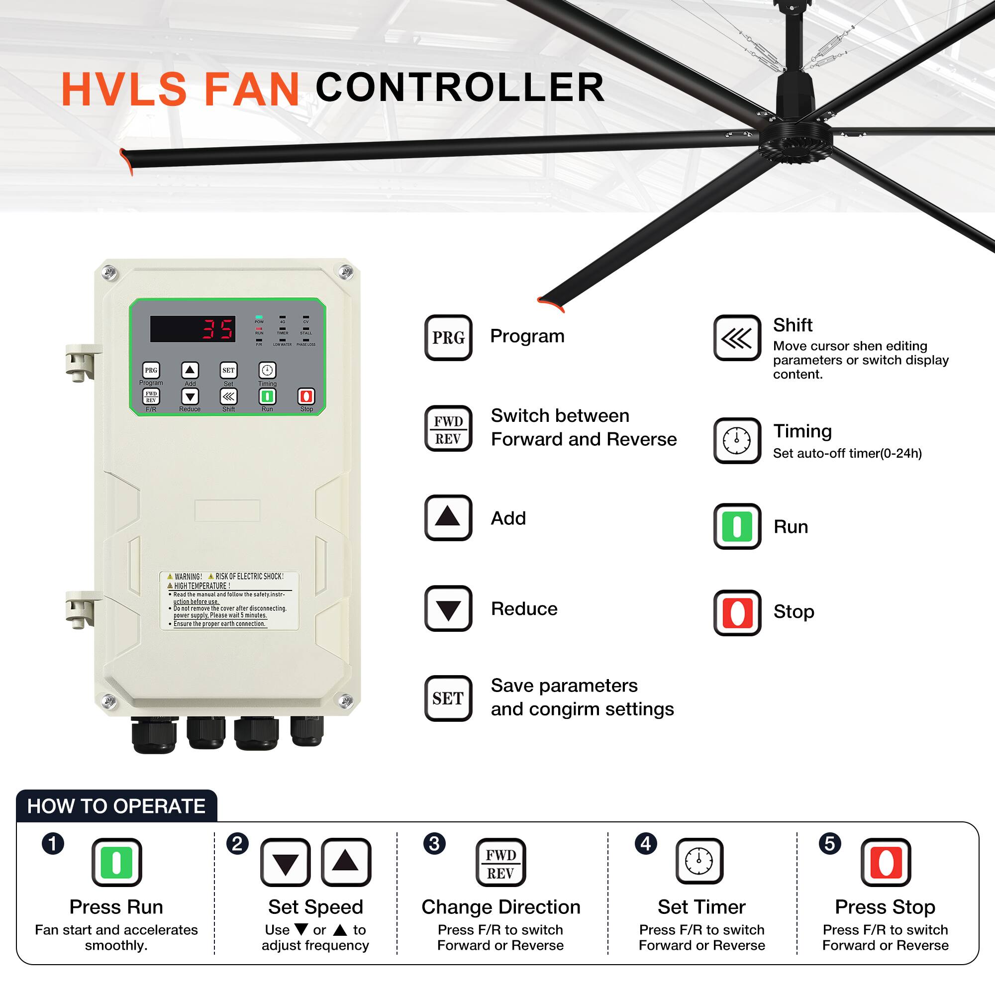 HVLS FAN CONTROLLER

E I Ma U PRG Program
Shift Move cursor when editing parameters or switch display content.
A K - - FWD Switch between REV Forward and Reverse
Timing Set auto-off timer(0-24h)
Add
Run
Reduce
Stop
SET Save parameters and confirm settings

HOW TO OPERATE
1. Press Run
Fan start and accelerates smoothly.
2. Set Speed
Use 10 to adjust frequency
3. Change Direction
Press F/R to switch Forward or Reverse
4. Set Timer
Press F/R to switch Forward or Reverse
5. Press Stop
Press F/R to switch Forward or Reverse