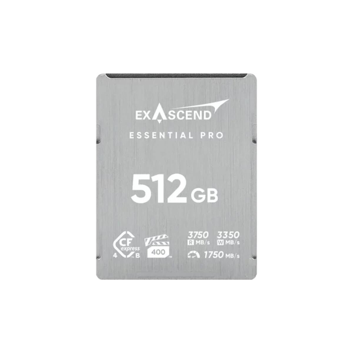 EXASCEND  
ESSENTIAL PRO  
512 GB  
CF express 4  
400  
3750 3350 R MB/s W MB/s  
1750 MB/s