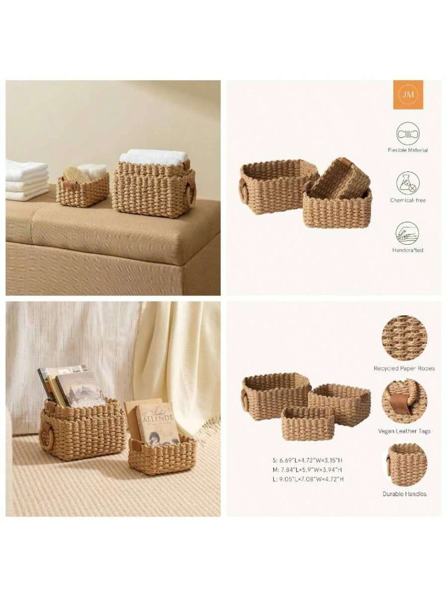 JM CIO Flexible Material Chemical-free Handcrafted Recycled Paper Ropes ALLENDE Vegan Leather Tags

Sizes:
- S: 6.69"L x 4.72"W x 3.15"H
- M: 7.84"L x 5.9"W x 3.94"H
- L: 9.05"L x 7.08"W x 4.72"H

Features:
- Durable Handles
- Recycled Paper Ropes
- Vegan Leather Tags