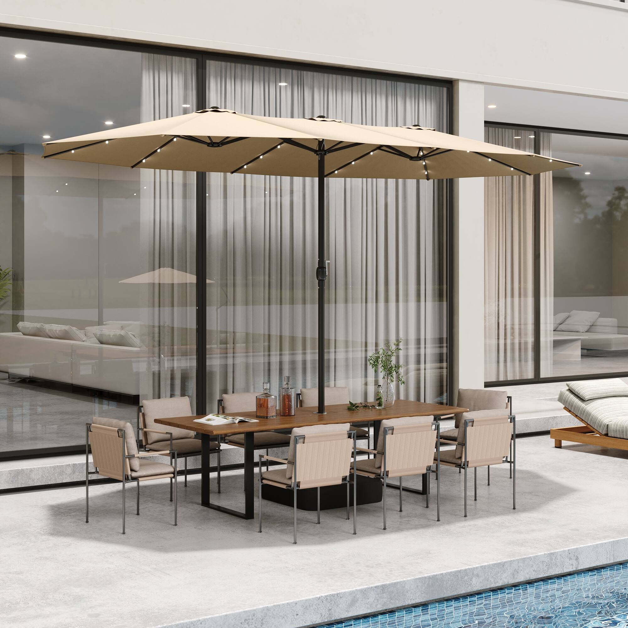 Back. Famapy - Large Rectangular Outdoor Patio Umbrella with Integrated Edge LED Lights Day-to-Night Shade Multiple Colors - Sand.