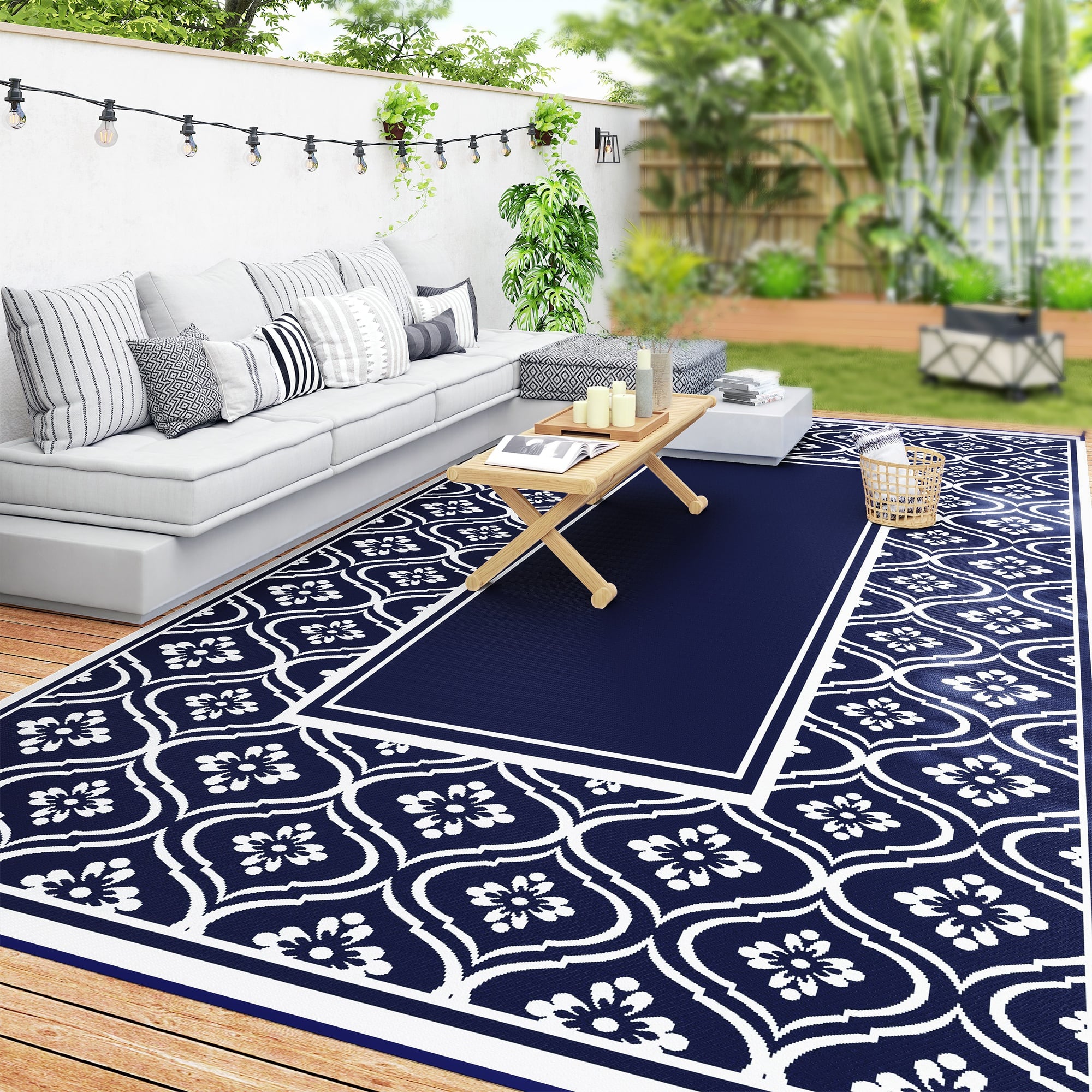 Front. Outsunny - Outdoor Rug for Patio, 9' x 18' Waterproof Large Mat, Reversible Plastic Straw Rug for Décor - Blue and White Gourd Border.