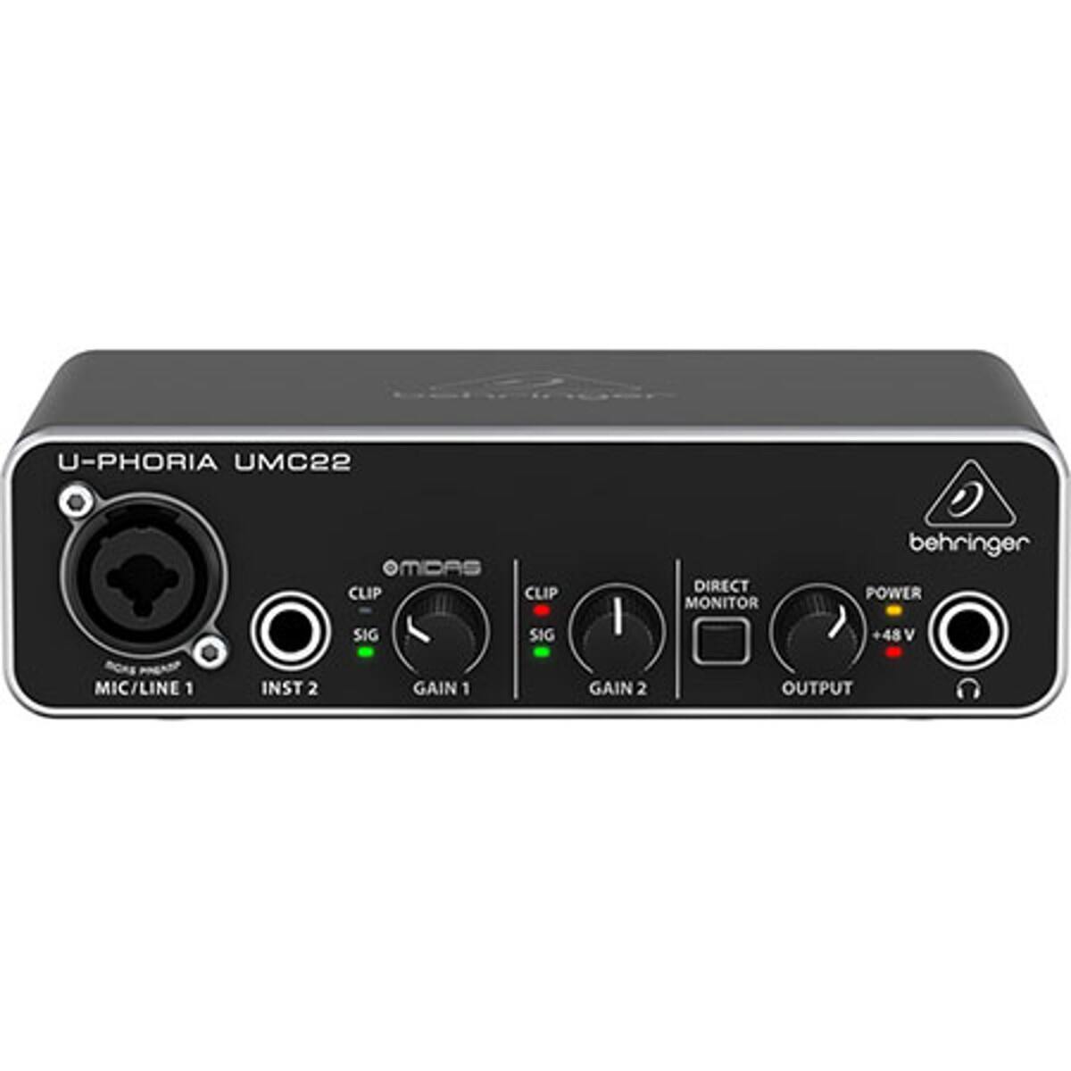 U-PHORIA UMC22  
OMDAS  
CLIP SIG CLIP SIG  
DIRECT MONITOR  
behringer  
POWER +48V  
MIC/LINE 1  
INST 2  
GAIN 1  
GAIN 2  
OUTPUT