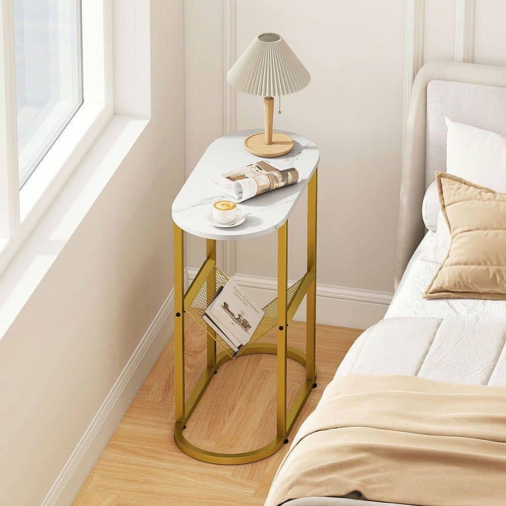 Alt View 4. Resenkos - Industrial 2-Tier Oval Side Table with Wire Mesh Shelf, White - White.