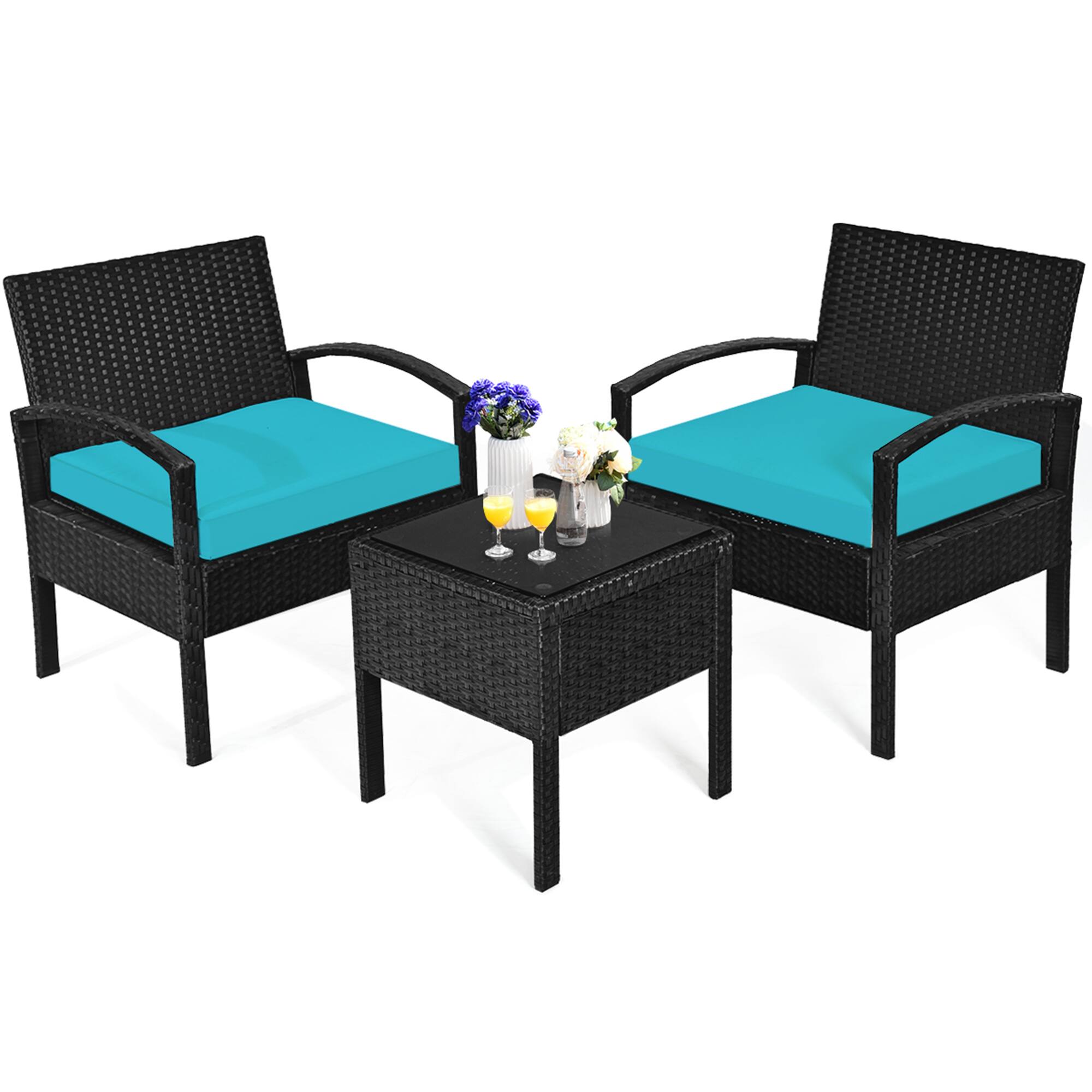 Alt View 9. Gymax - Gymax 3PCS Patio Rattan Conversation Furniture Set Outdoor Yard w/ Turquoise Cushions - Black.