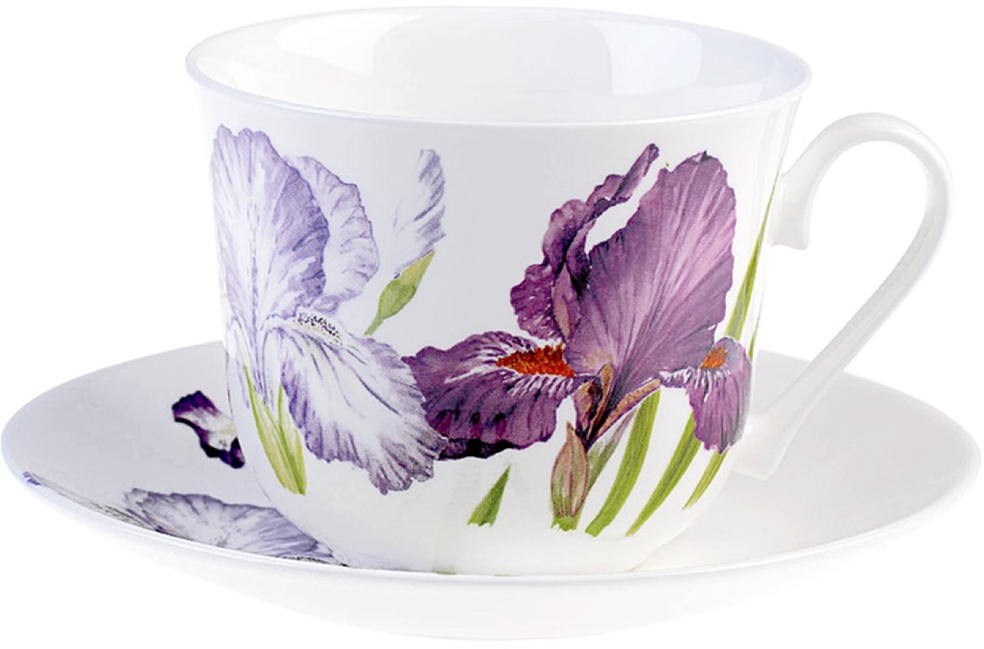 Angle. Jiallo - Roy Kirkham Breakfast Cup/Saucer - Iris Set of 2, Bone China Ceramic Made in England - Mutli color.
