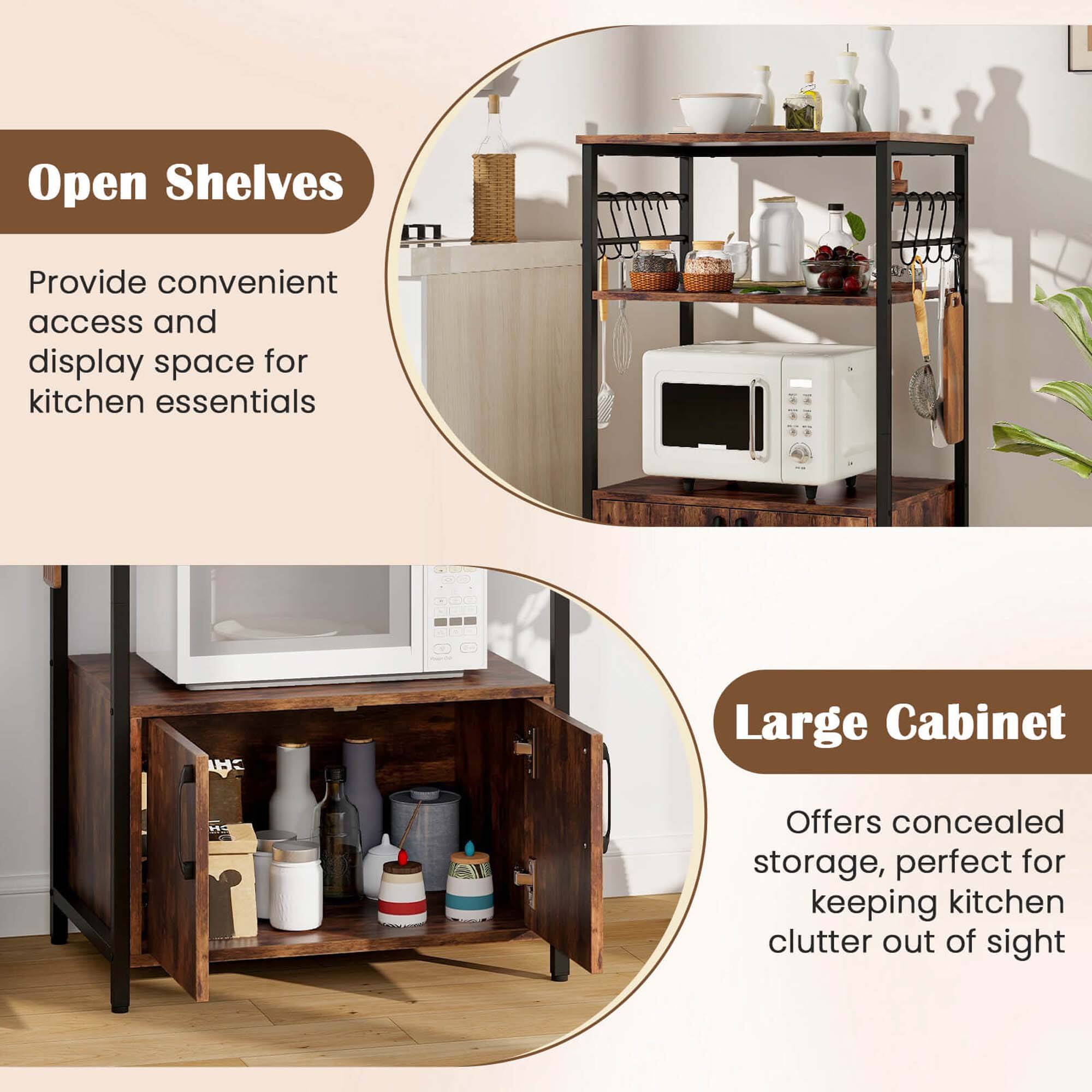 Open Shelves: Provide convenient access and display space for kitchen essentials.

Large Cabinet: Offers concealed storage, perfect for keeping kitchen clutter out of sight.