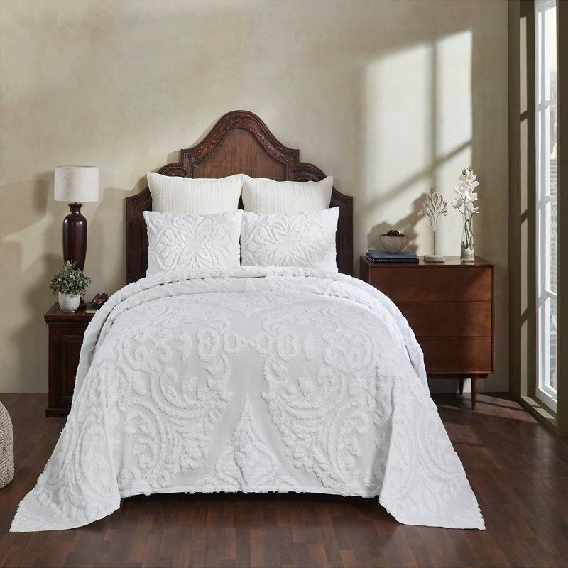 Angle. SlickBlue - 100% Cotton Chenille 3 Piece Coverlet Set with Pillow Shams for Bedroom - White.