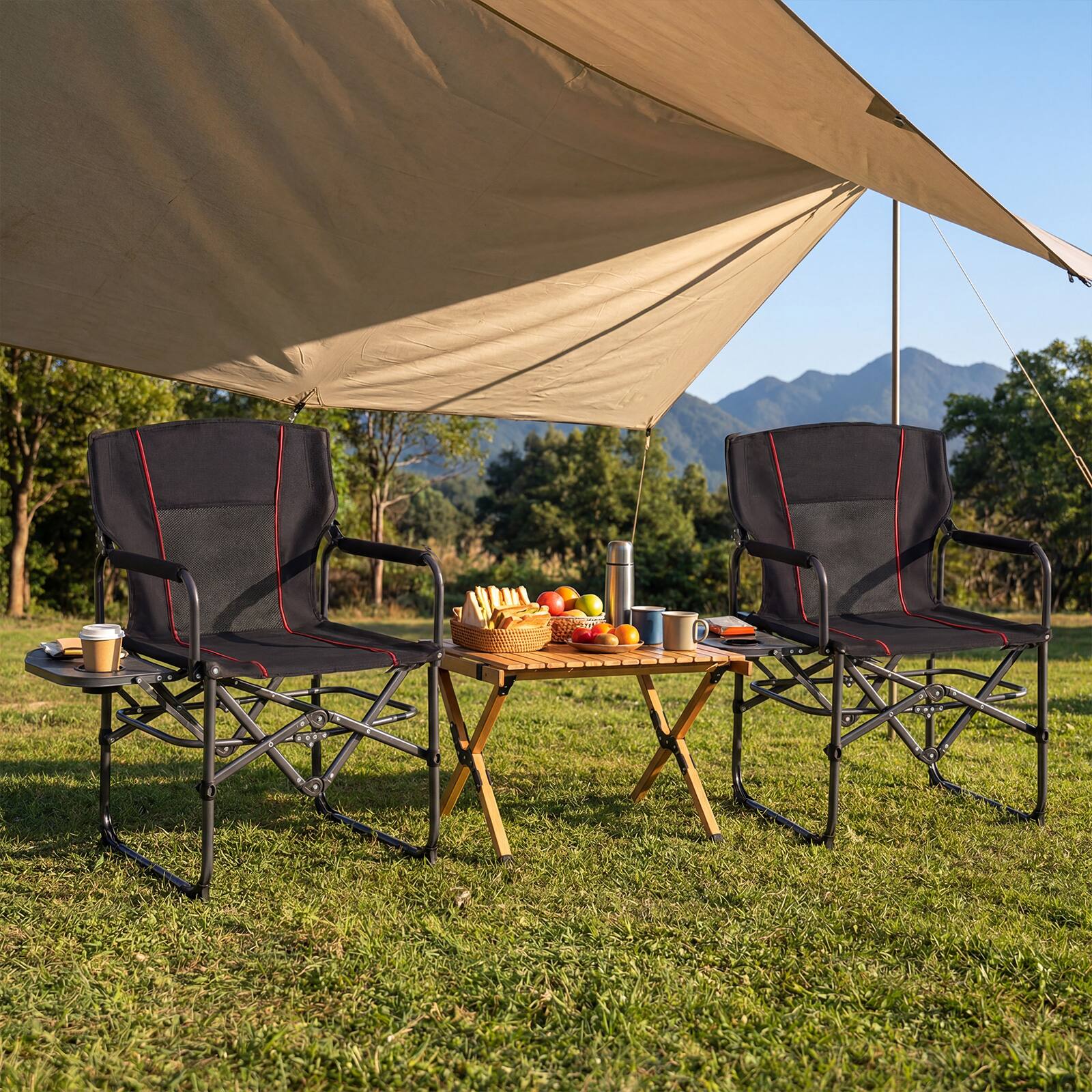 Alt View 1. Costway - Costway 2 PCS Folding Camping Chair with Side Table, Built-in Cup Holder & Carry Bag - Black.