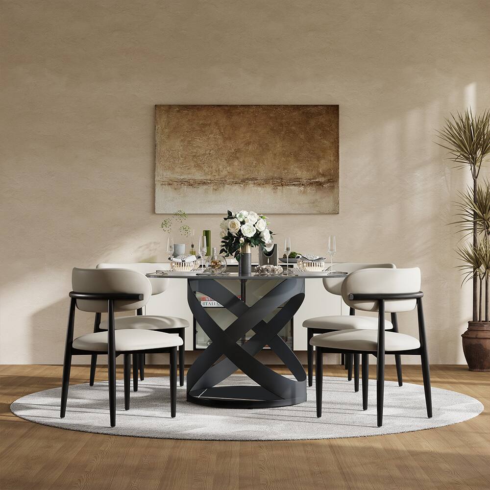 Angle. POVISON - 51" Modern Glass Round Dining Table for 4, Clear Tempered Glass Circle Tabletop with Black X Carbon Steel Base - Clear Tempered Glasswith Black.