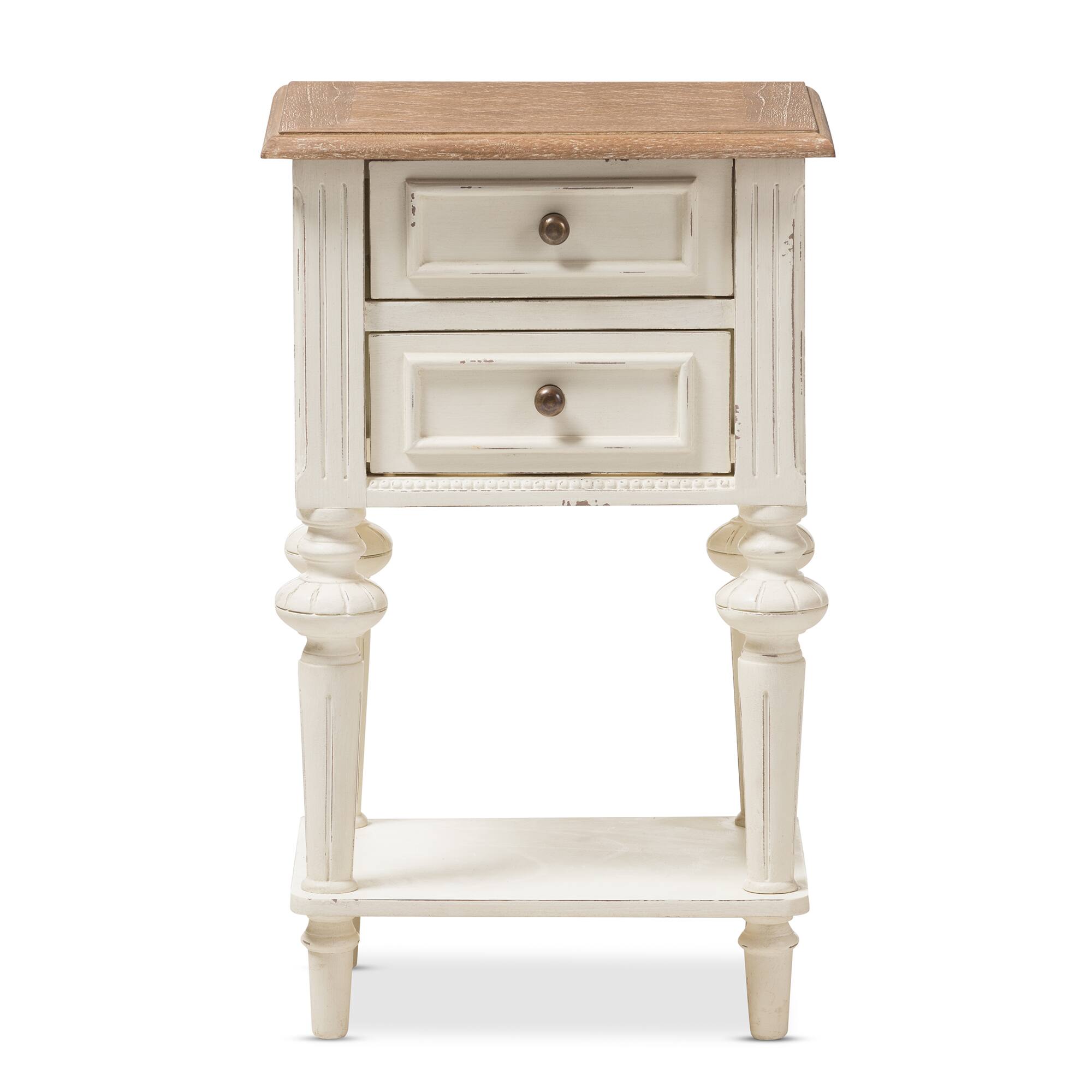 Angle. Baxton Studio - Marquetterie French Provincial Style Weathered Oak Distressed Finish Wood Two-Tone 2-Drawer and 1-Shelf Nightstand - White/Natural.