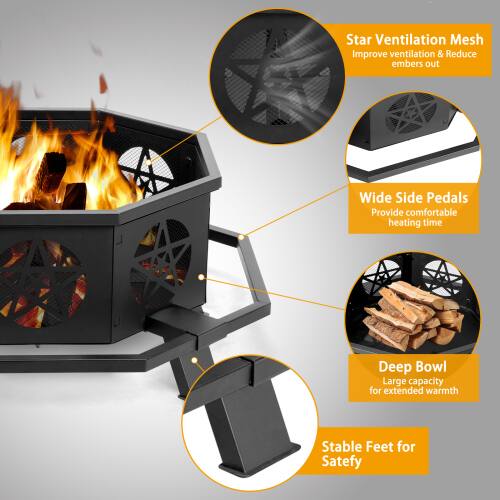 Star Ventilation Mesh  
Improve ventilation & Reduce embers out  

Wide Side Pedals  
Provide comfortable heating time  

Deep Bowl  
Large capacity for extended warmth  

Stable Feet for Safety