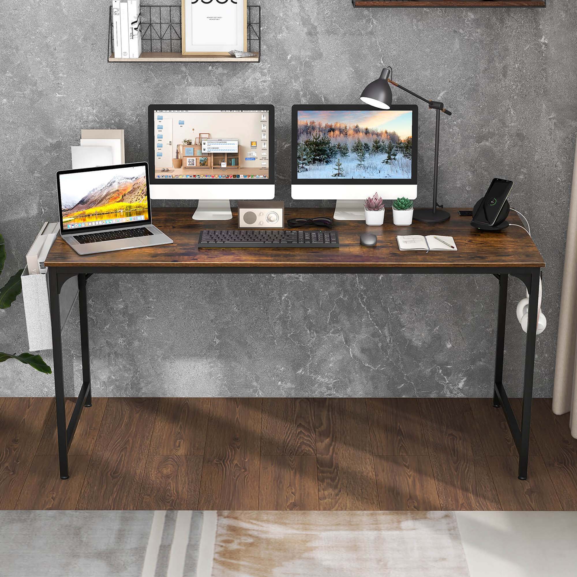 Alt View 1. Costway - Costway 60" Modern Computer Desk with Charging Station with Storage Bag & Headphone Hook - Brown,Black.