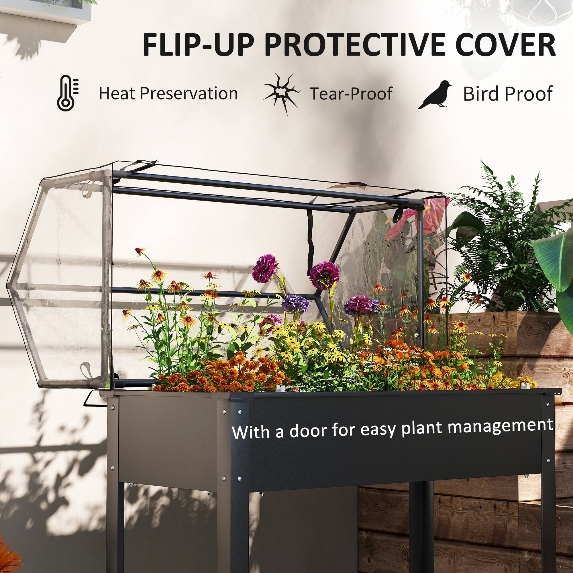 FLIP-UP PROTECTIVE COVER  
Heat Preservation  
Tear-Proof  
Bird Proof  

With a door for easy plant management