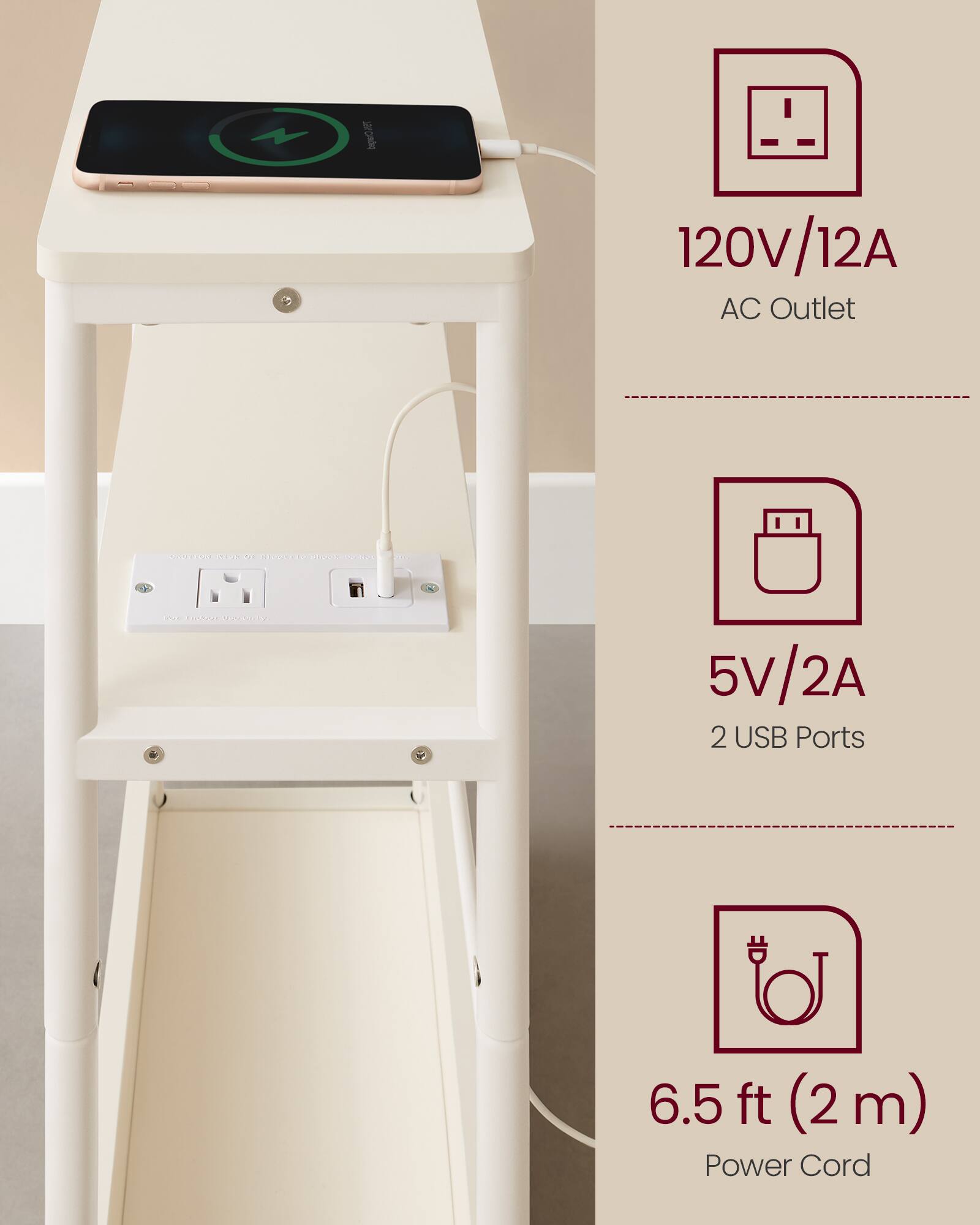- 120V/12A AC Outlet
- 5V/2A 2 USB Ports
- 6.5 ft (2 m) Power Cord