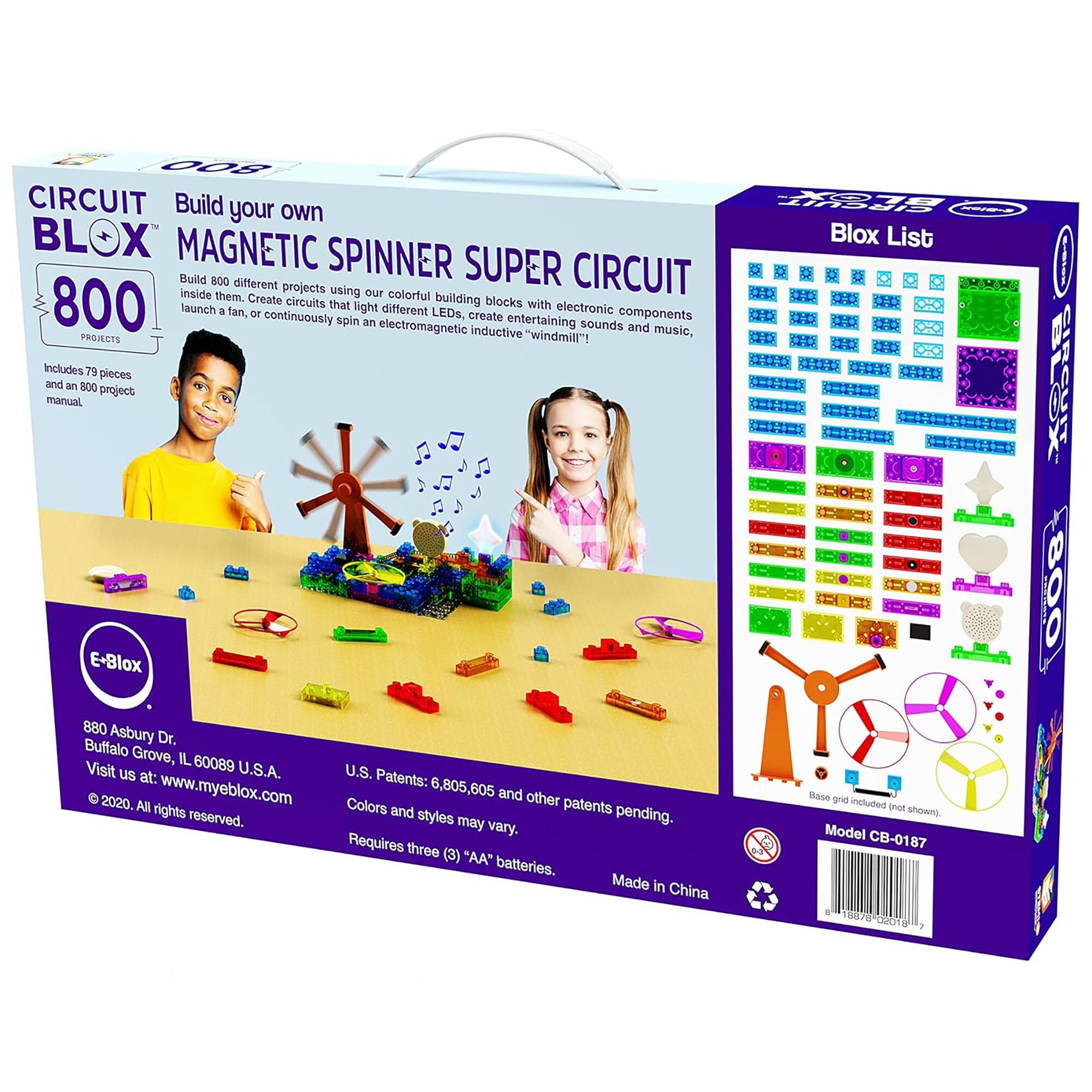 Circuit Build your own Magnetic Spinner Super Circuit 800 different projects using our colorful building blocks. Create circuits that spin a fan, launch a LEDs, create an electromagnetic entertaining with electronic sounds and music. Includes 79 pieces and an 800 project manual. Made in China. Requires three (3) "AA" batteries. Model CB-0187.