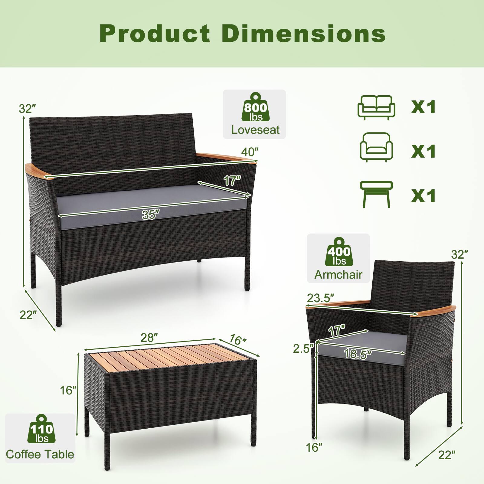 Product Dimensions

- Loveseat: 32" H x 40" W x 35" D, 800 lbs
- Armchair: 32" H x 23.5" W x 28" D, 400 lbs
- Coffee Table: 16" H x 22" W x 18.5" D, 110 lbs