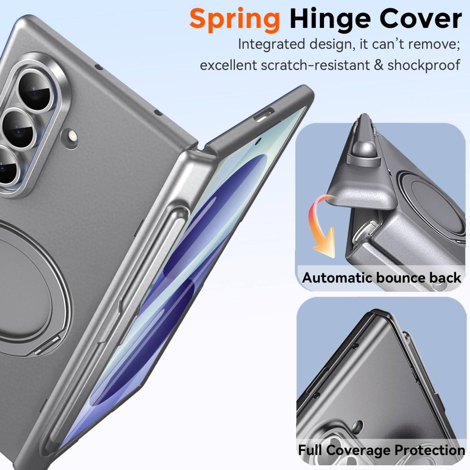 Spring Hinge Cover  
Integrated design, it can't remove; excellent scratch-resistant & shockproof  
Automatic bounce back  
Full Coverage Protection