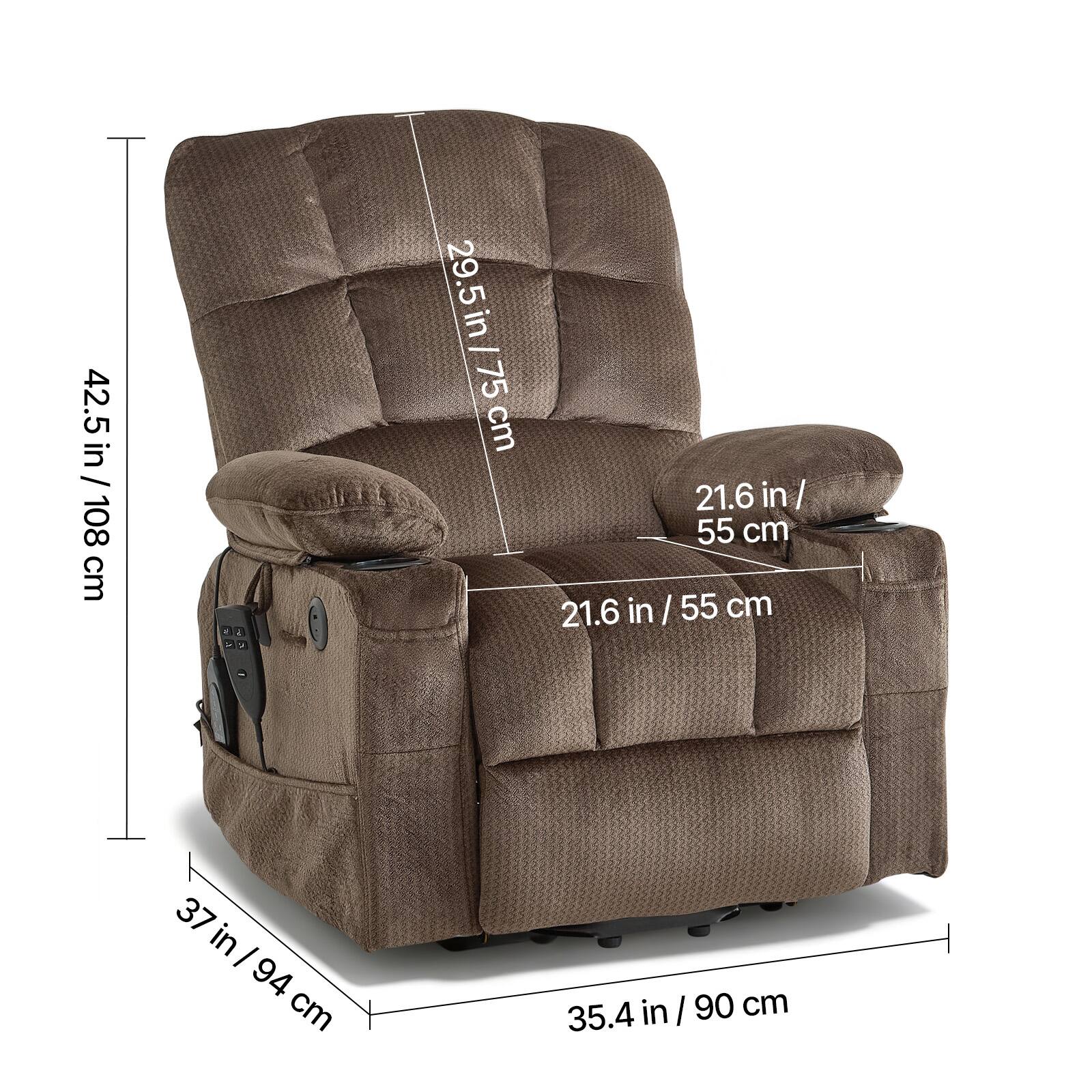 42.5 in / 108 cm  
29.5 in / 75 cm  
21.6 in / 55 cm  
37 in / 94 cm  
35.4 in / 90 cm