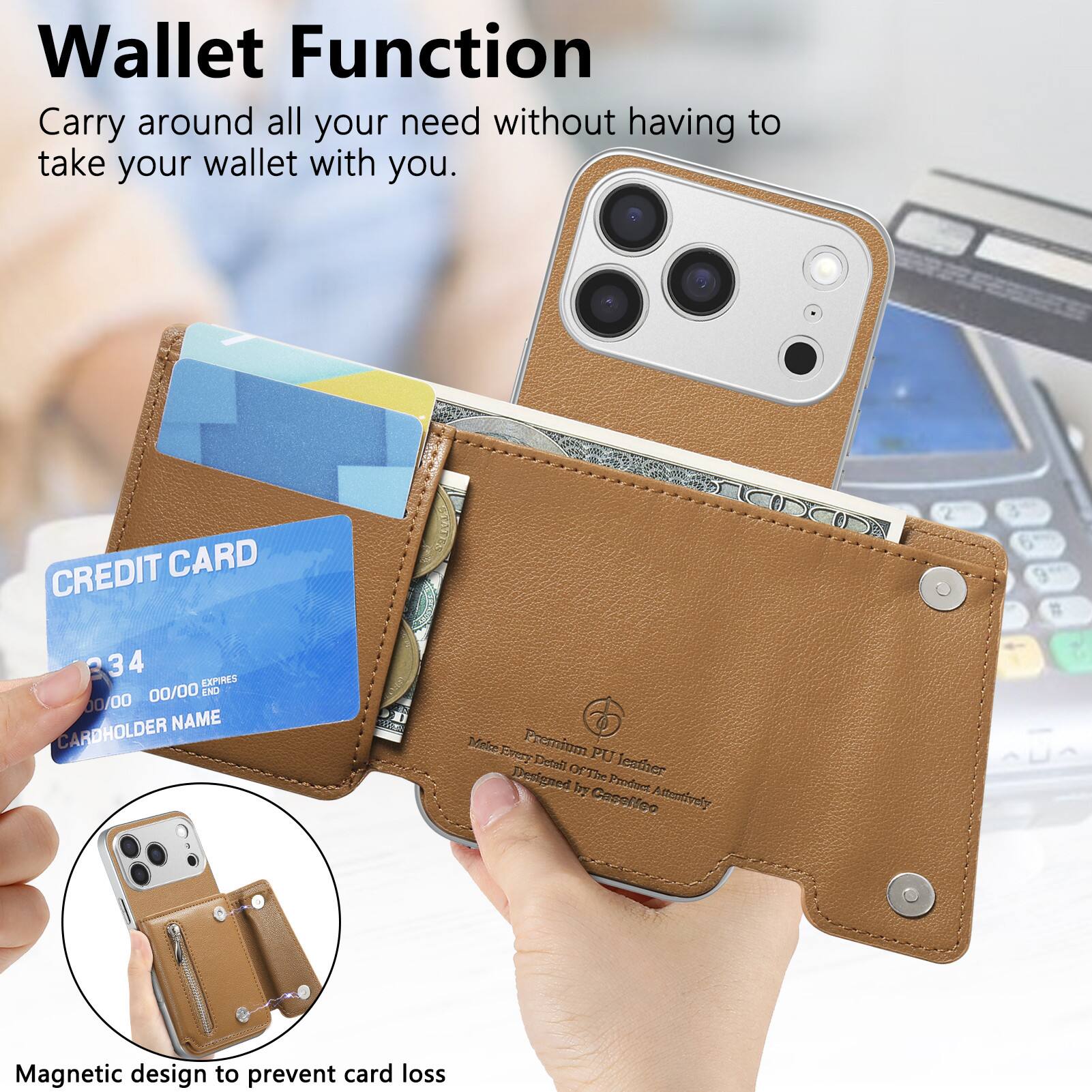 Wallet Function  
Carry around all your need without having to take your wallet with you.

CREDIT CARD  
34  
EXPIRES 00/00  
END 00/00  
CARDHOLDER NAME

Melce Fivery Premium Detail PU leather  
Designed Of The Product by Attentively Capelico

Magnetic design to prevent card loss
