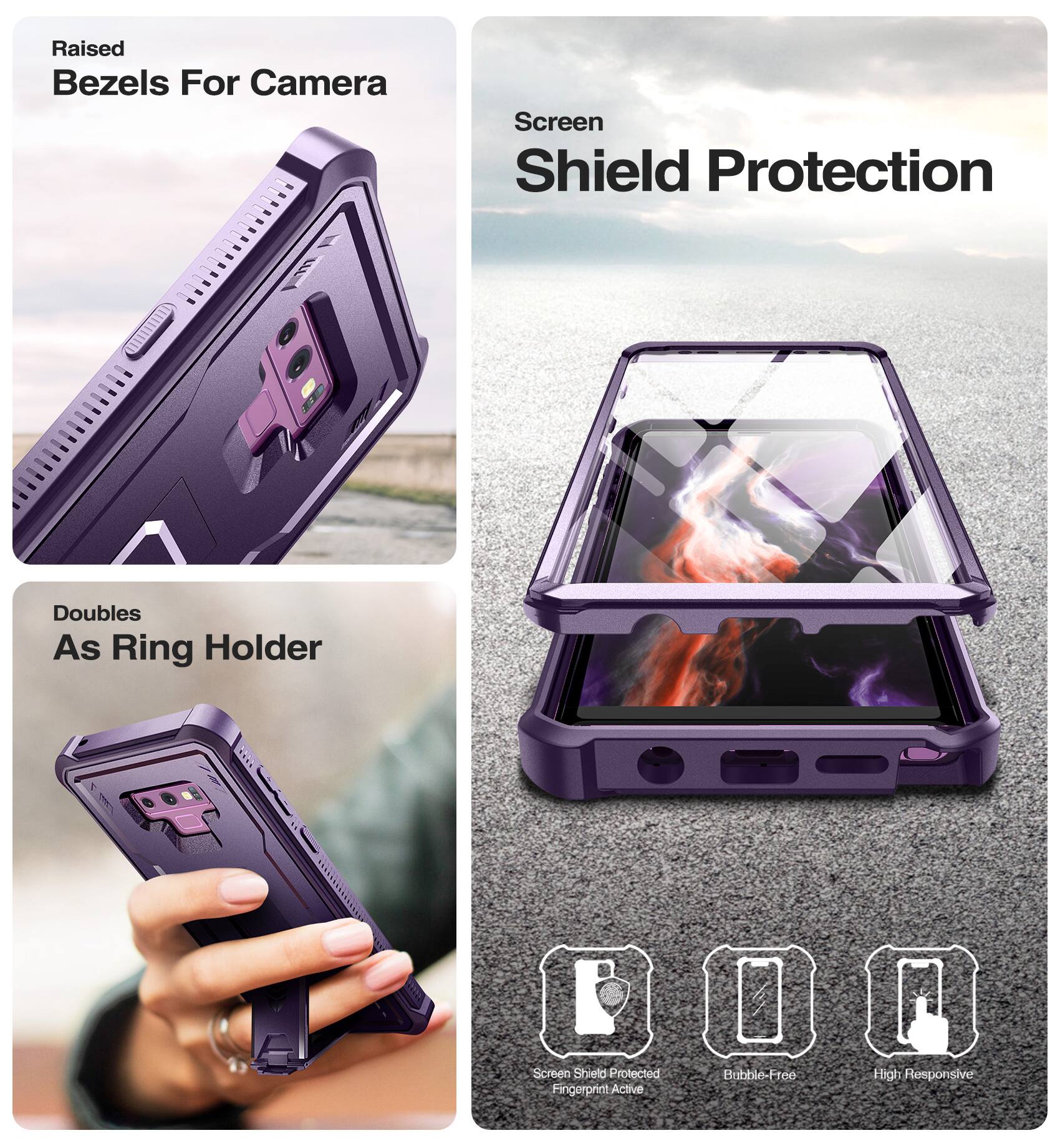 Raised Bezels For Camera  
Screen Shield Protection  
Doubles As Ring Holder  

Screen Shield Protected  
Fingerprint Active  
Bubble-Free  
High Responsive
