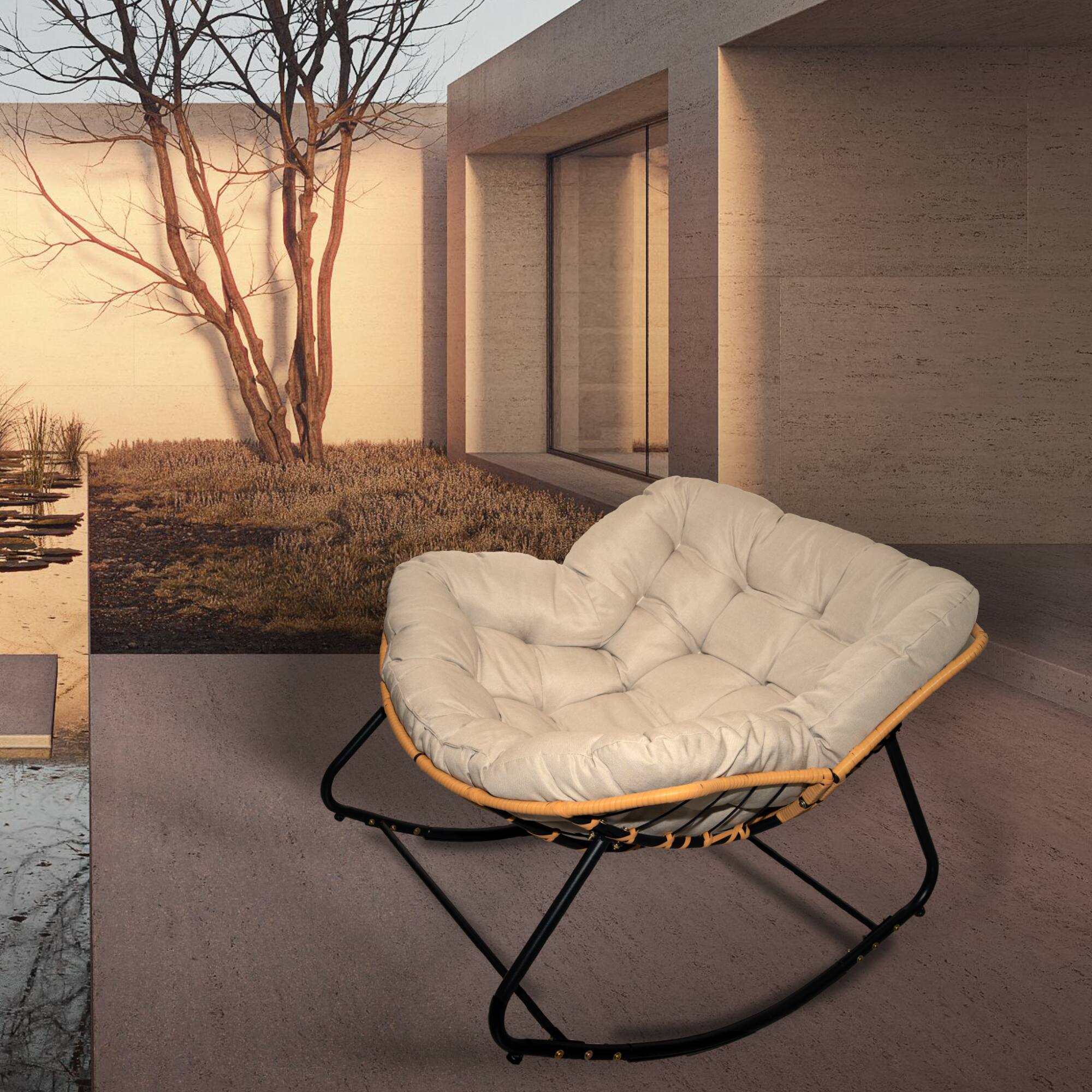 Alt View 1. GOODSILO - Versatile Indoor and Outdoor Rocking Lounge Chair with Rattan Wicker Design for Comfortable Relaxation - Beige+Black.