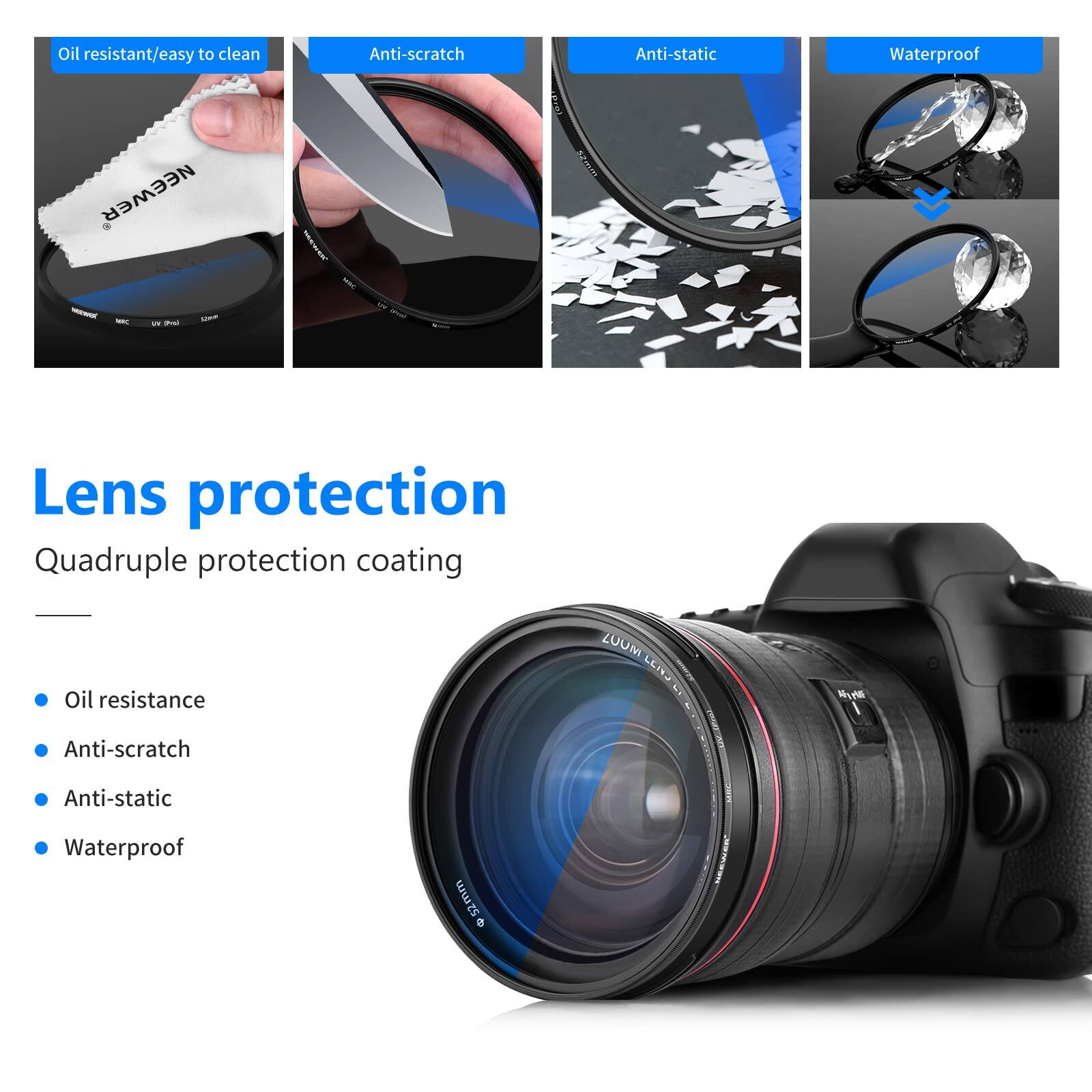 Oil resistant/easy to clean  
Anti-scratch  
Anti-static  
Waterproof  

NEEWER  

Lens protection  

Quadruple protection coating  

- Oil resistance  
- Anti-scratch  
- Anti-static  
- Waterproof  

ZUUM LEIS
