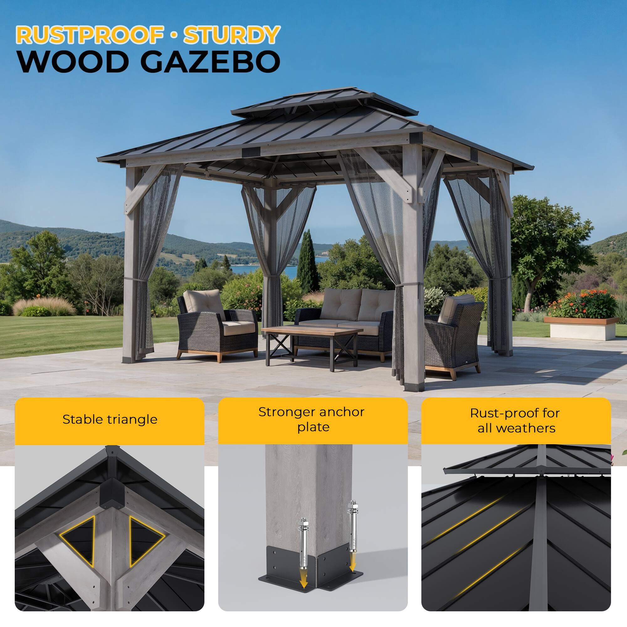 RUSTPROOF STURDY WOOD GAZEBO

- Stable triangle
- Stronger anchor plate
- Rust-proof for all weathers