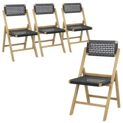 Front. Costway - 4 Piece Patio Folding Chairs with Woven Rope Seat & High Back Indonesia Teak Wood for Porch - Natural + Black.