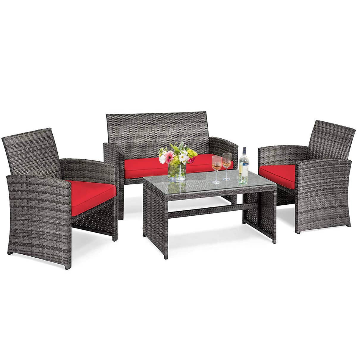 Front. Costway - Costway 4PCS Patio Rattan Conversation Glass Table Top Cushioned Sofa - Red.