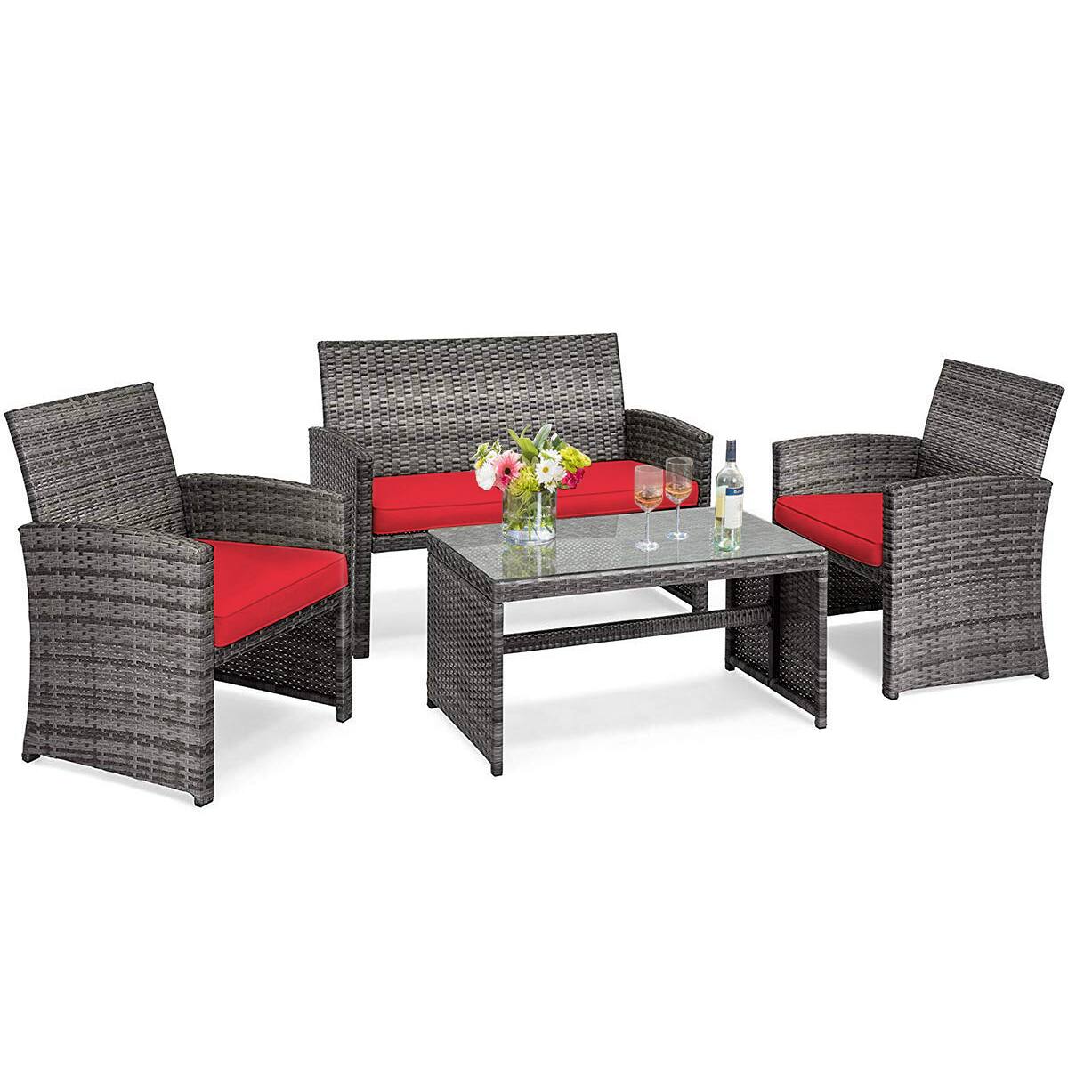 Front. Costway - Costway 4PCS Patio Rattan Conversation Glass Table Top Cushioned Sofa - Red.