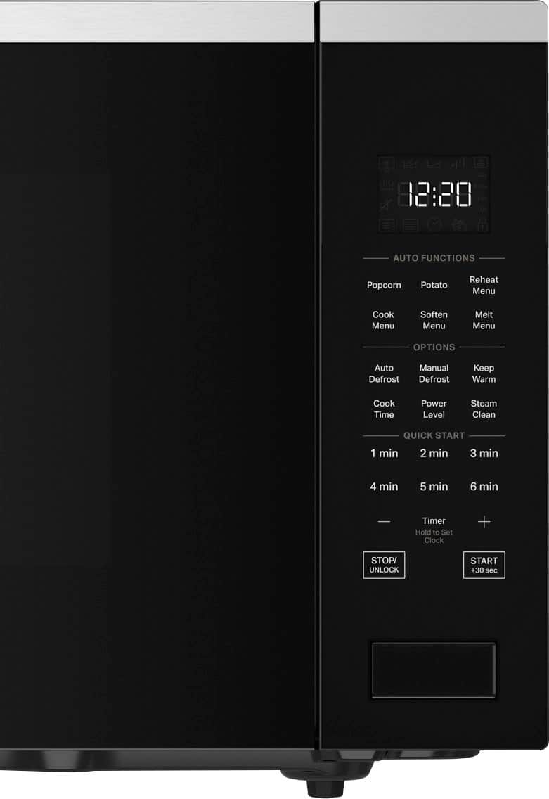 The image shows a black microwave with a digital display that reads "18:20." The microwave has a variety of options and settings, including "Auto Functions," "Popcorn," "Potato Reheat," "Menu," "Cook Menu," "Soften Menu," "Melt Menu," "Options," "Auto Defrost," "Manual Defrost," "Keep Warm," "Cook Time," "Power Level," "Steam Clean," and "Quick Start." The microwave also has a timer feature that allows users to set the time for their desired cooking duration.