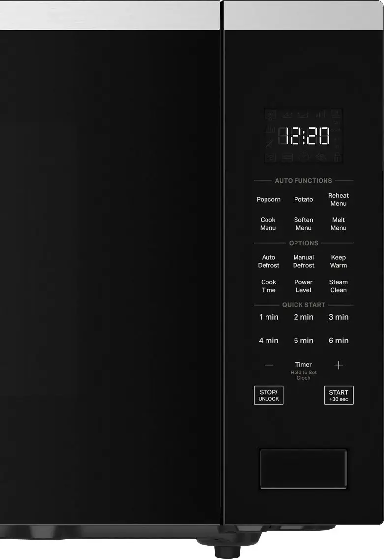The image shows a black microwave with a digital display that reads "18:20." The microwave has a variety of options and settings, including "Auto Functions," "Popcorn," "Potato Reheat," "Menu," "Cook Menu," "Soften Menu," "Melt Menu," "Options," "Auto Defrost," "Manual Defrost," "Keep Warm," "Cook Time," "Power Level," "Steam Clean," and "Quick Start." The microwave also has a timer feature that allows users to set the time for their desired cooking duration.