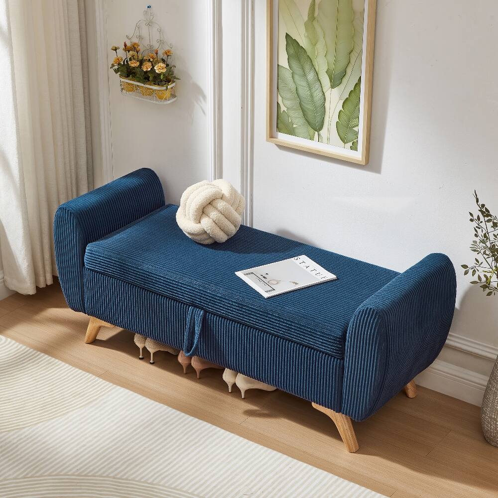Left. Ropilly - Ropilly 57" Blue Corduroy Storage Bench, Modern Upholstered Bed Bench with Wood Legs for Bedroom & Entryway - Blue.
