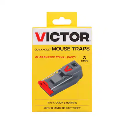 VICTOR QUICK-KILL MOUSE TRAPS
GUARANTEED TO KILL FAST*
3 TRAPS
EASY, QUICK & HUMANE
ZERO CHANCE OF BAIT THEFT