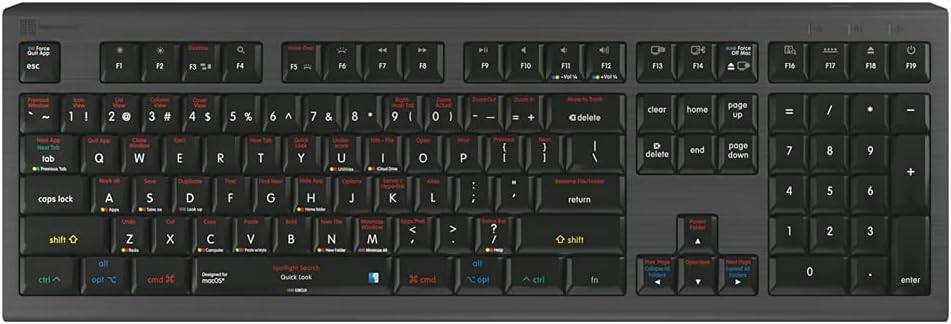Sure, here is the corrected and grouped text from the image:

```
Force Que App esc F1 F2 F3 F4 F5 F6 F7 F8 F9 F10 F11 F12 F13 F14 Force De Ma F16 F17 F18 F19
~ 1 ! 2 @ 3 # 4 $ 5 % 6 ^ 7 & 8 * 9 ( 0 ) - + delete clear home page up = / - tab -b
Q W E R T Y U I O P { } | delete end page down
A S D F G H J K L return
4 5 6 shift Z X C V B N M < > ? / shift
1 2 3 ctrl all opt emd
X mocos Quick Look X cnd all op ctrl fn 0 enter
```