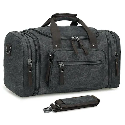 Front. Unique Bargains - Expandable Canvas Duffel 50cm-58cm Sturdy Zipper and Reinforced Handles Lightweight Carry-On Weekender Bag - Black.