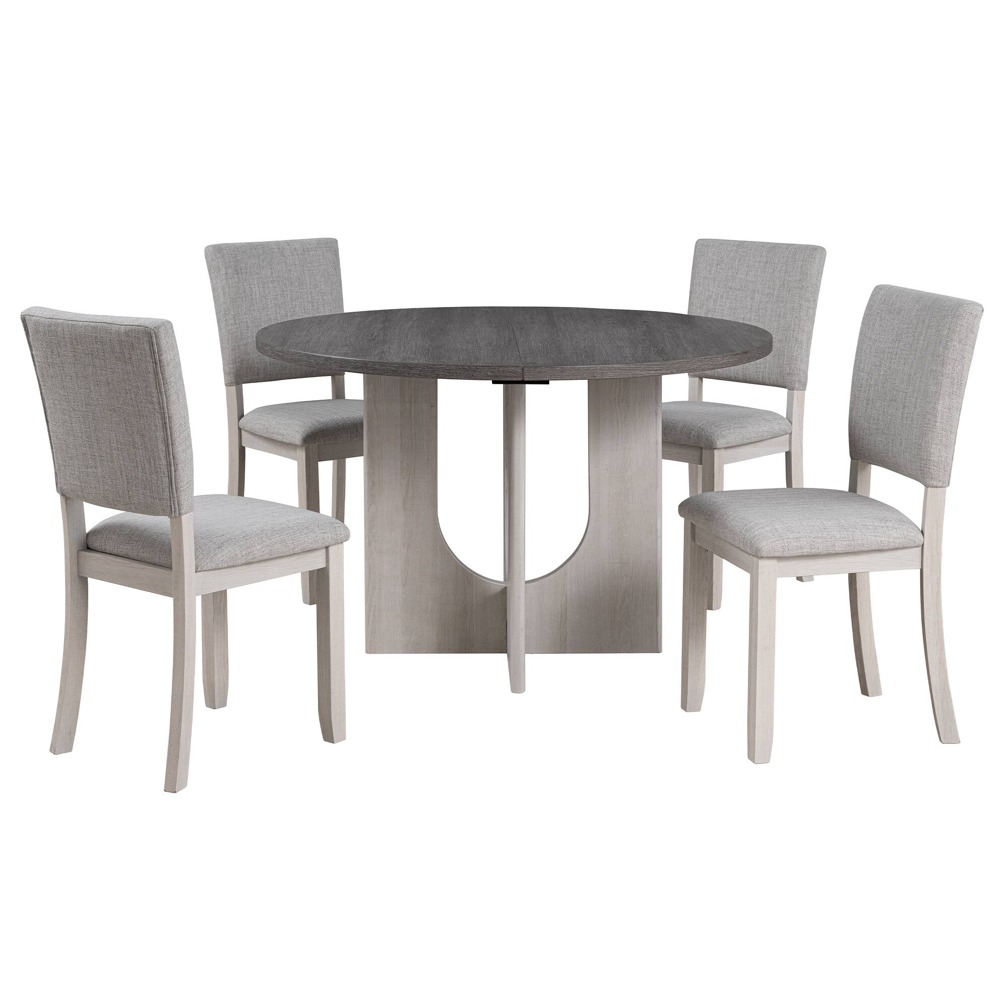 Back. Parrot Uncle - 5-Piece 47" Round Dining Table Set with 4 Chairs, U-Shaped Pedestal Base for Kitchen and Dining Room - Gray.
