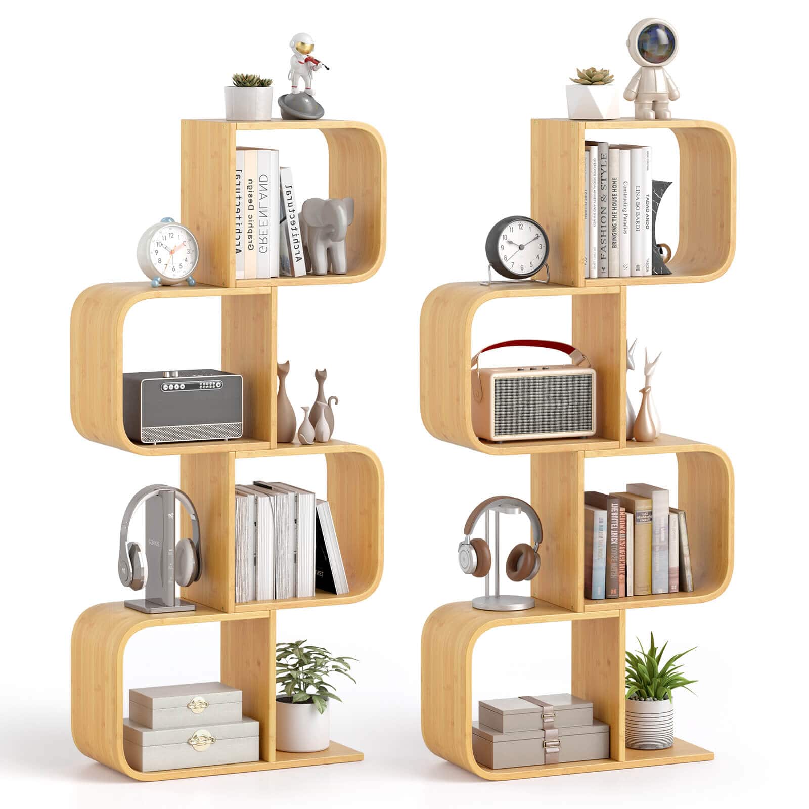 Costway - 2 PCS 4-Tier S-Shaped Bookcase with 4 Open Cubes Geometric Corner Display Shelf - Natural