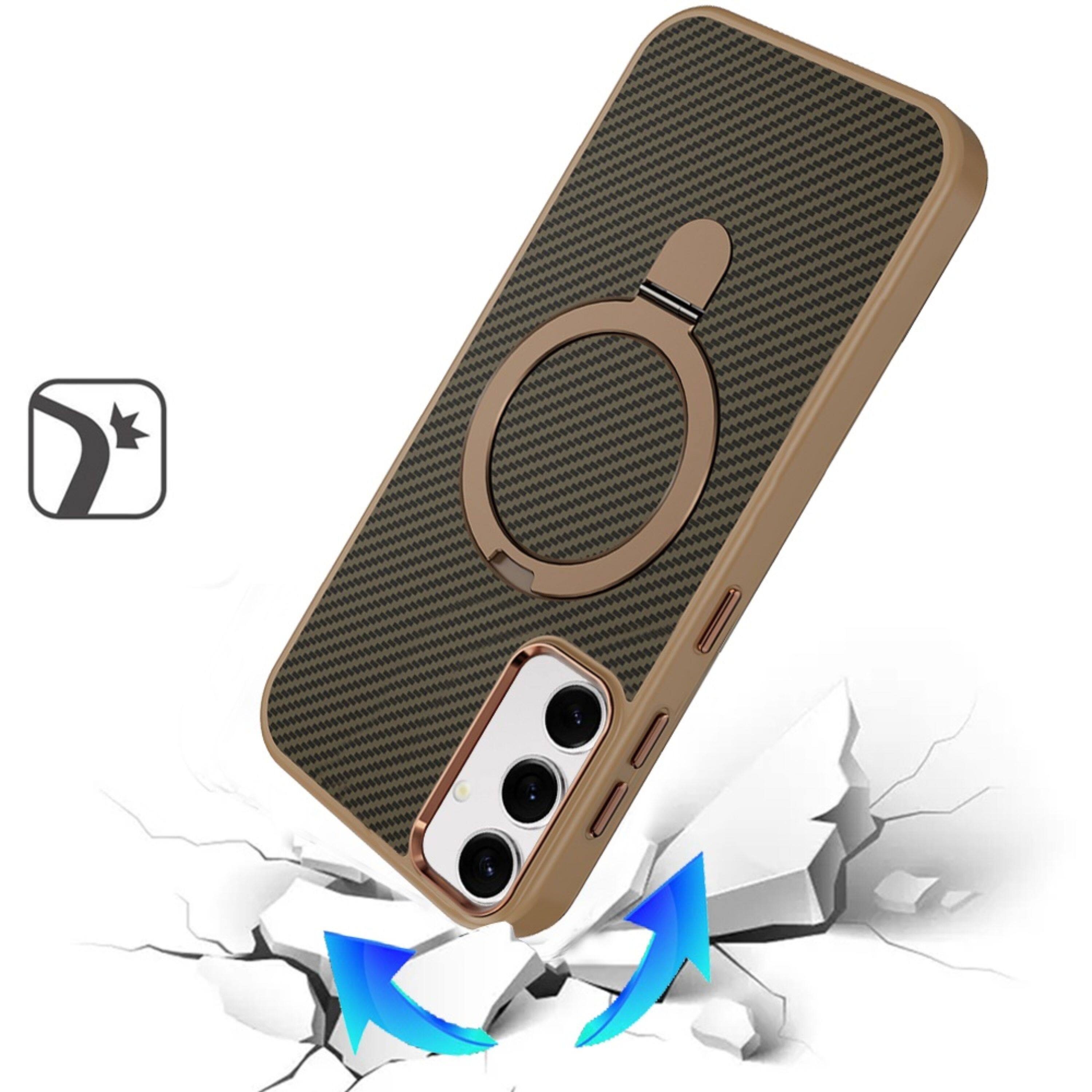 Left. Kitcheniva - Carbon Fiber Ring Stand Case With Tempered Glass For Samsung S26 Plus Brown - Brown.