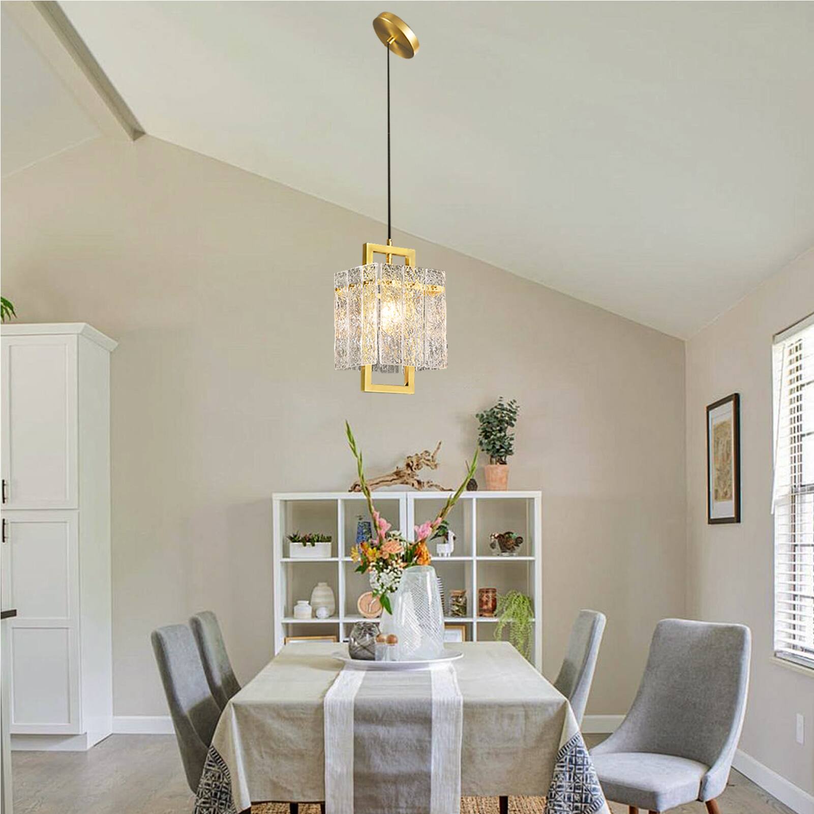 Alt View 7. Siljoy - Square Frame Cracked Glass Lampshade Pendant Light - Gold.