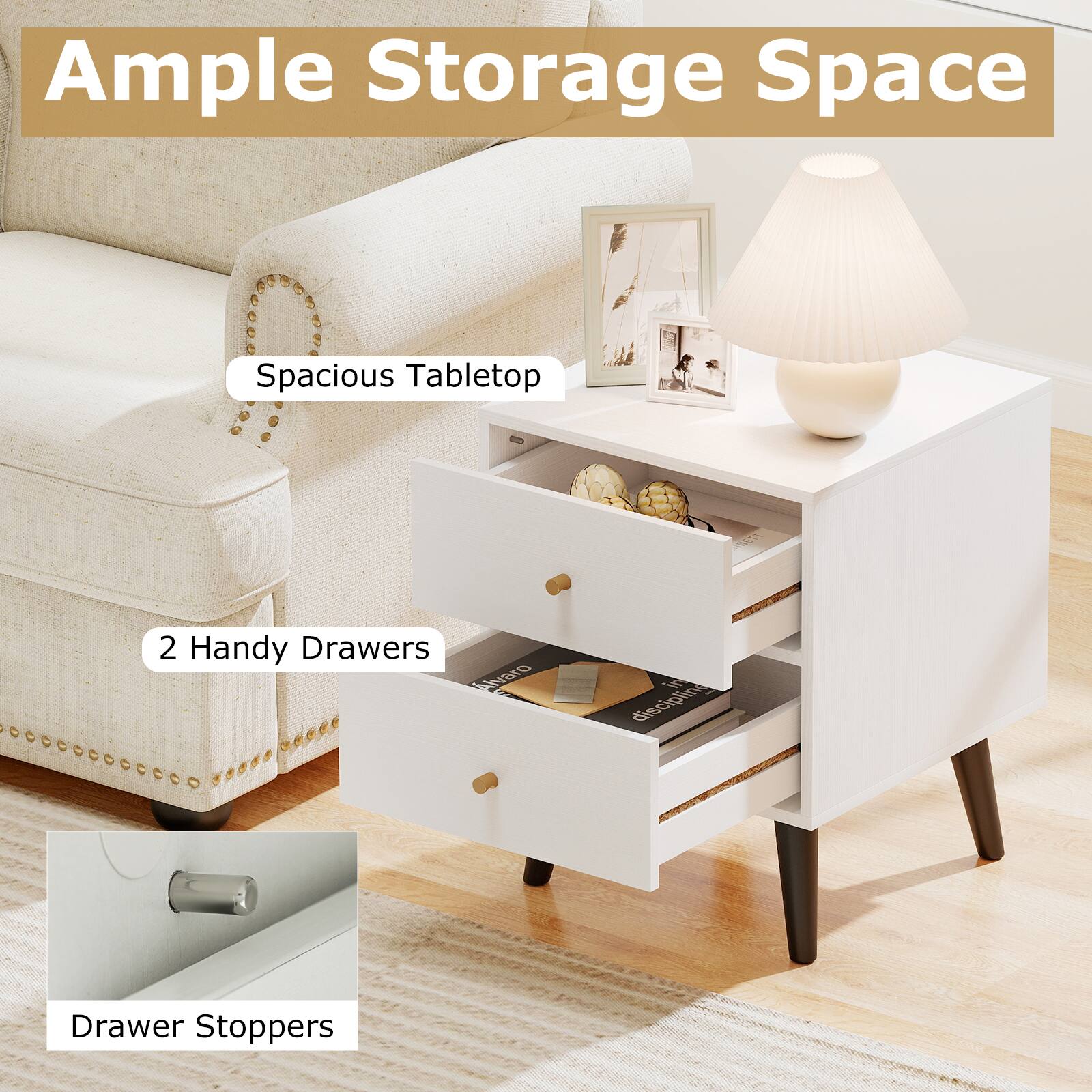 Ample Storage Space  
Spacious Tabletop  
2 Handy Drawers  
Drawer Stoppers