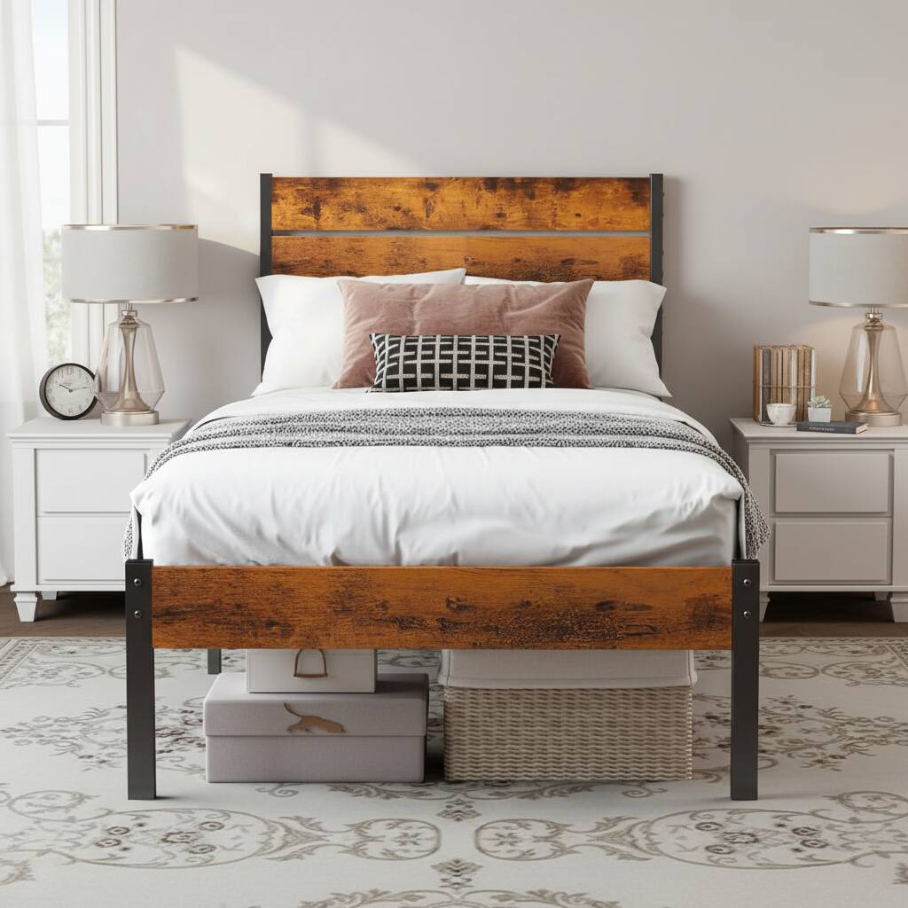 Alt View 1. AOITUN - Twin Size Industrial Bed Frame, Rustic Wood Headboard & Footboard, 800LBS Capacity, 12" Underbed Storage. - Rustic.