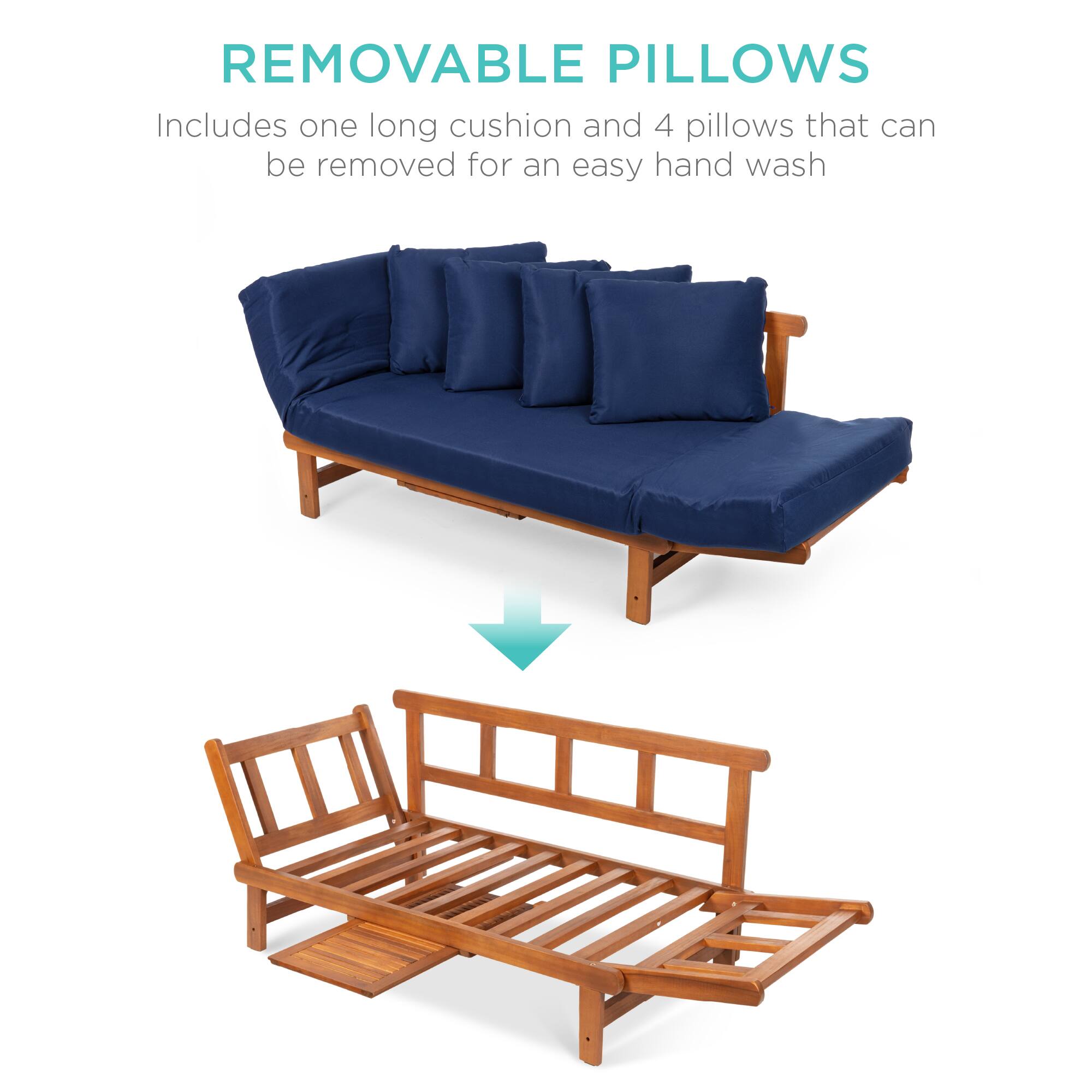 REMOVABLE PILLOWS  
Includes one long cushion and 4 pillows that can be removed for an easy hand wash