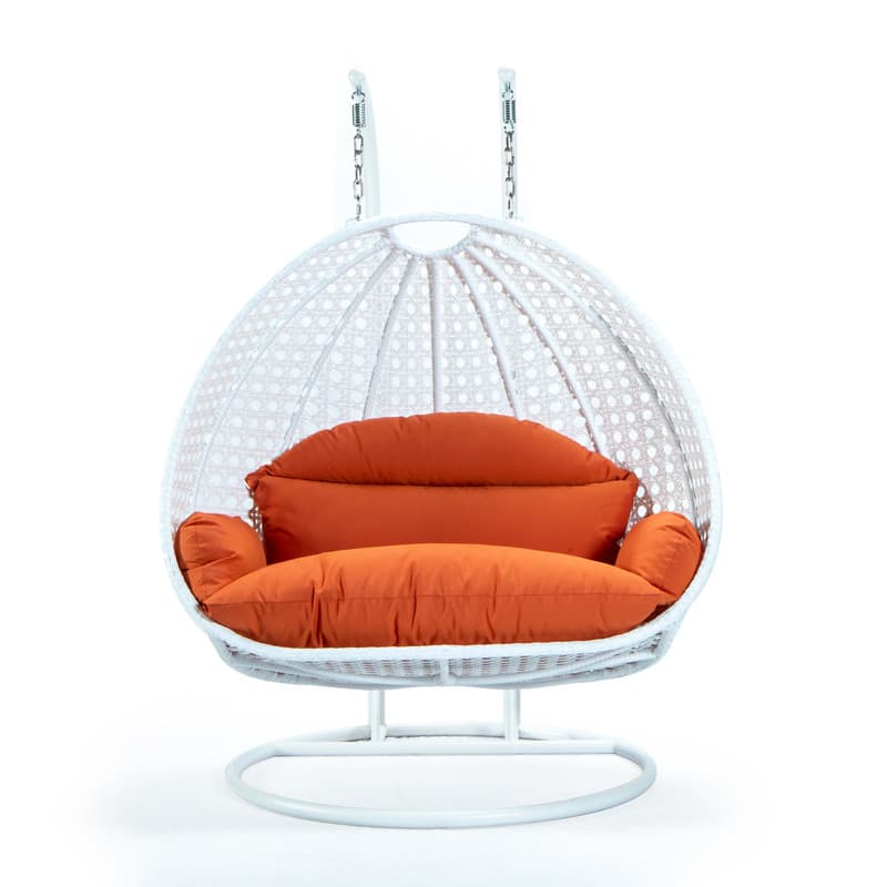 Front. LeisureMod - Leisuremod Modern 2-Person Outdoor Egg Swing White Wicker Chair with Stand, Plush Washable Cushions & Waterproof Cover - Orange.